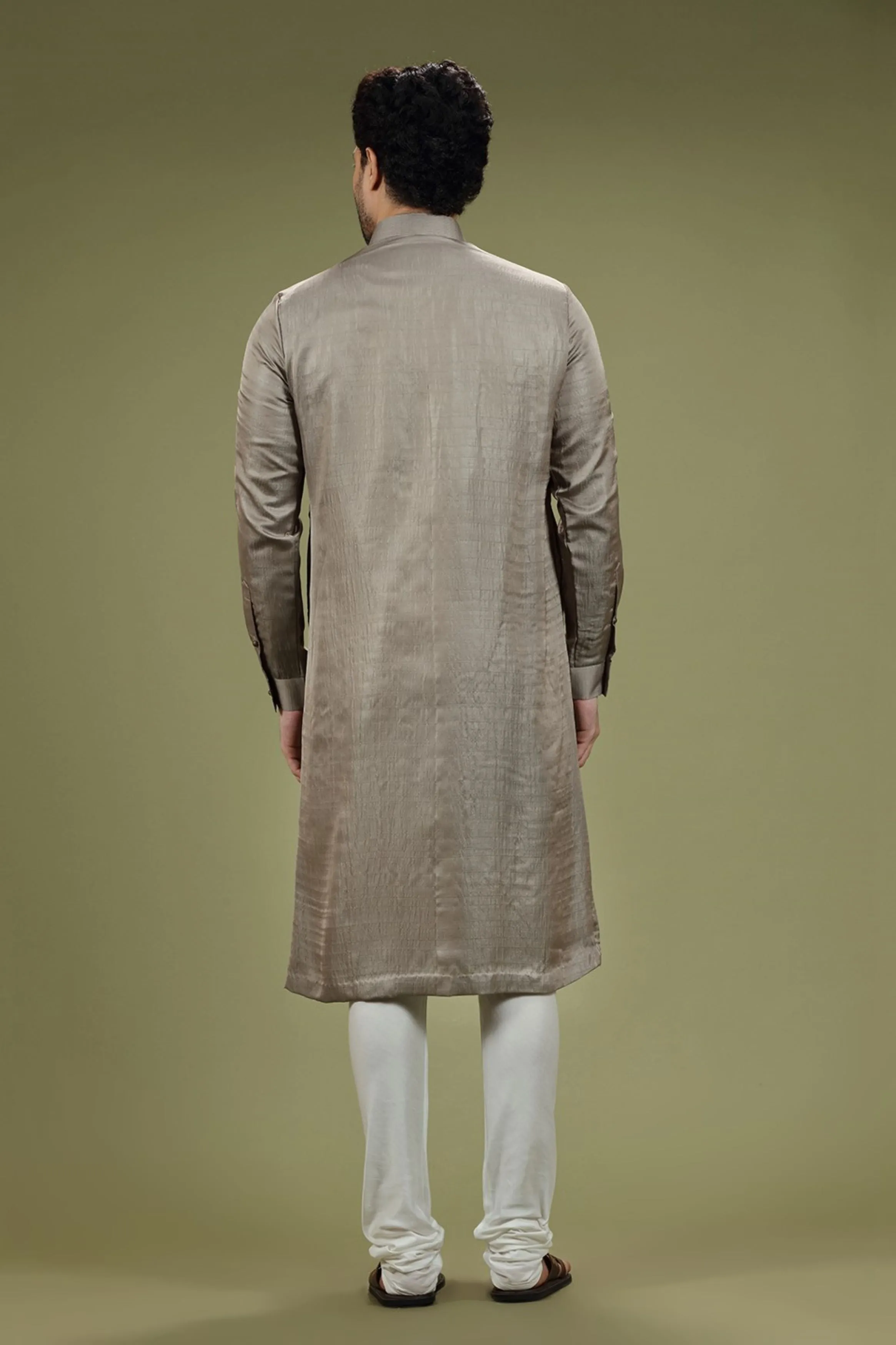 Grey Solid Linen Kurta Silk Designed by Kora (Nilesh Mitesh)
