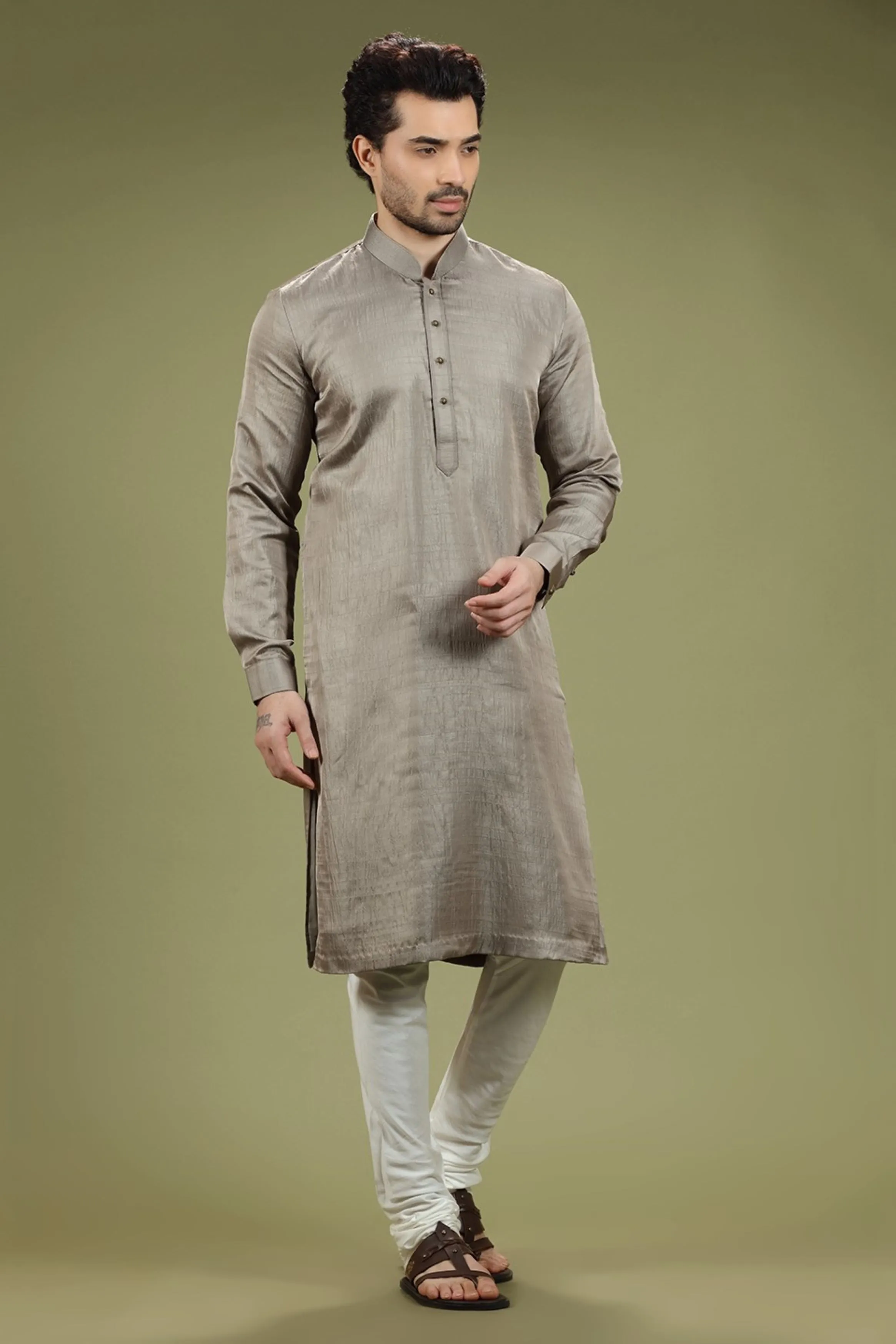 Grey Solid Linen Kurta Silk Designed by Kora (Nilesh Mitesh)
