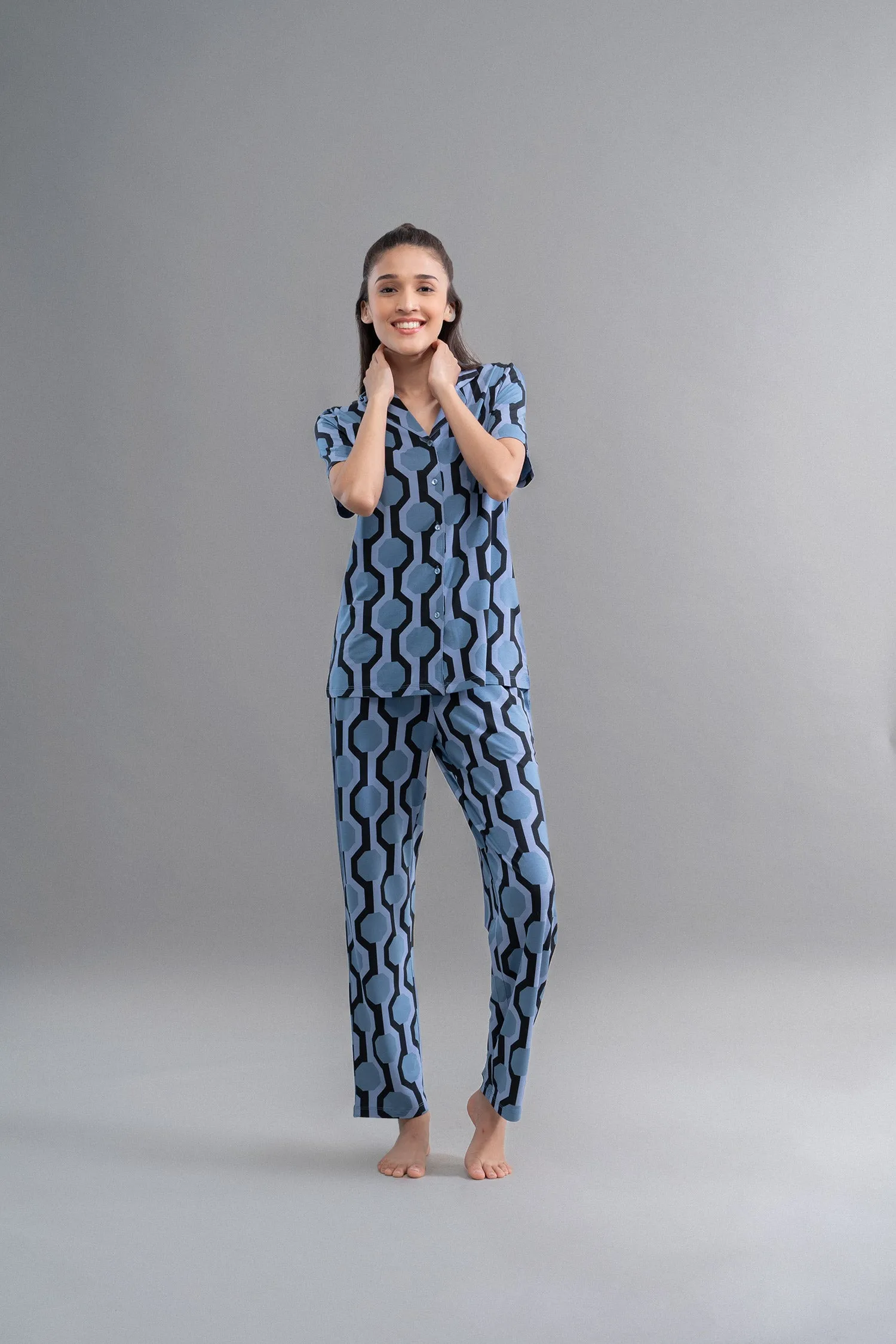 Hawai Button Down Printed Half Sleeve Pajama Set