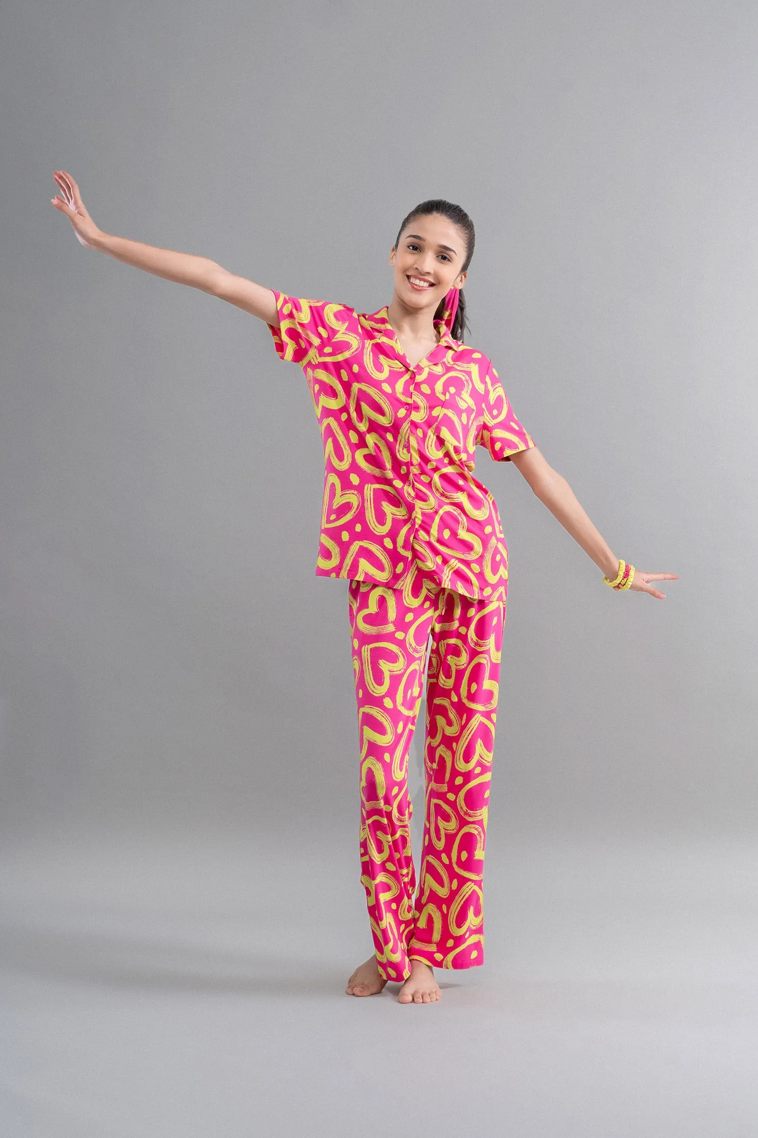 Hawai Button Down Printed Half Sleeve Pajama Set