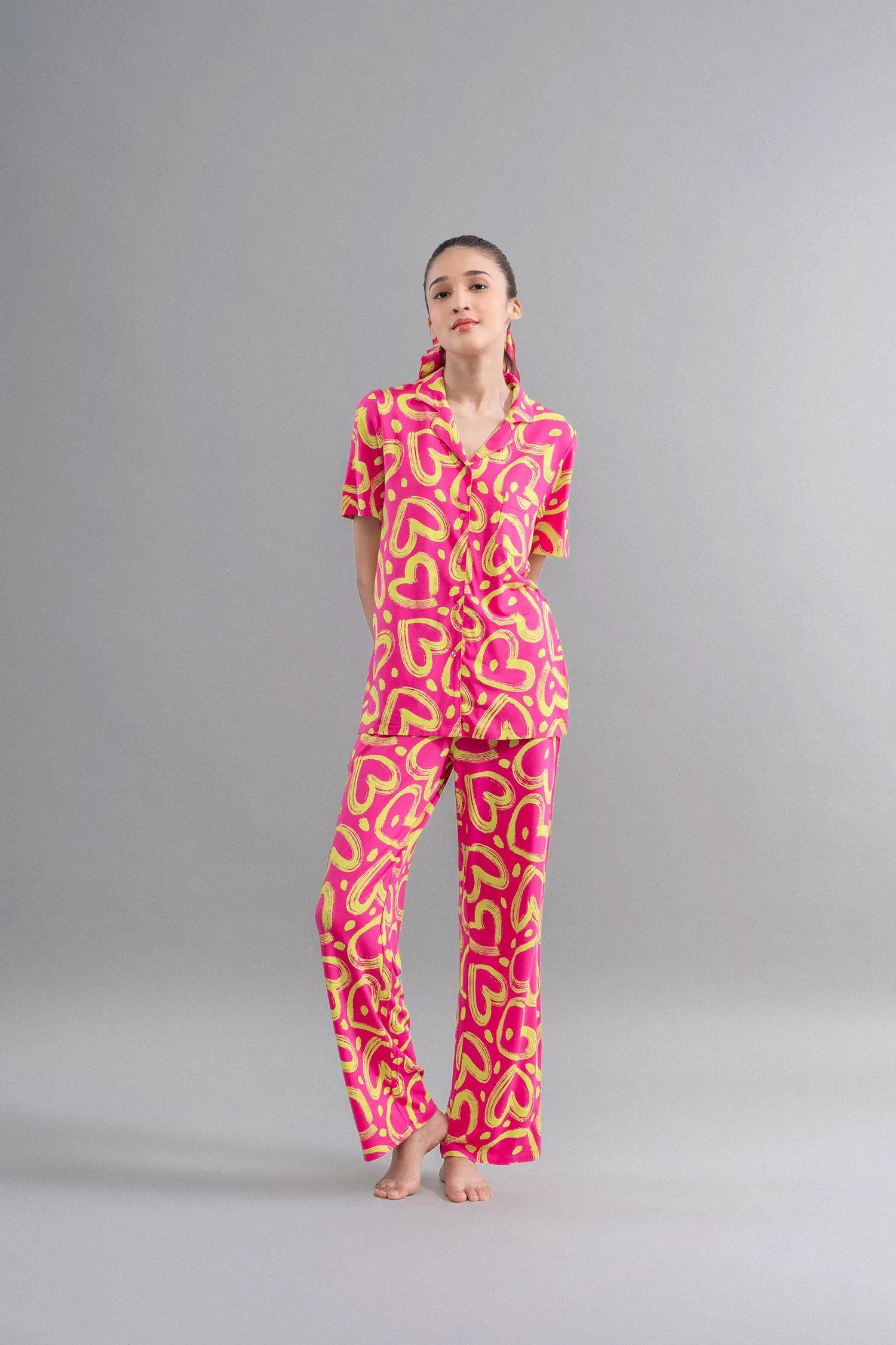 Hawai Button Down Printed Half Sleeve Pajama Set