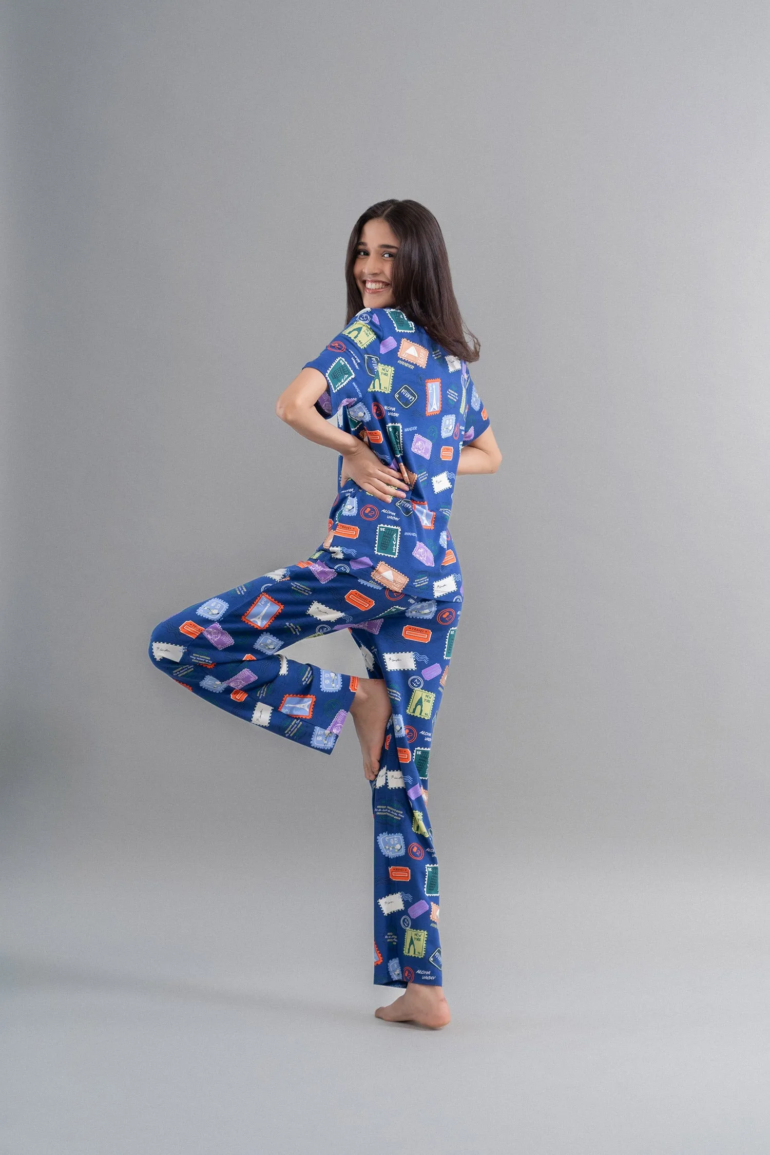Hawai Button Down Printed Half Sleeve Pajama Set