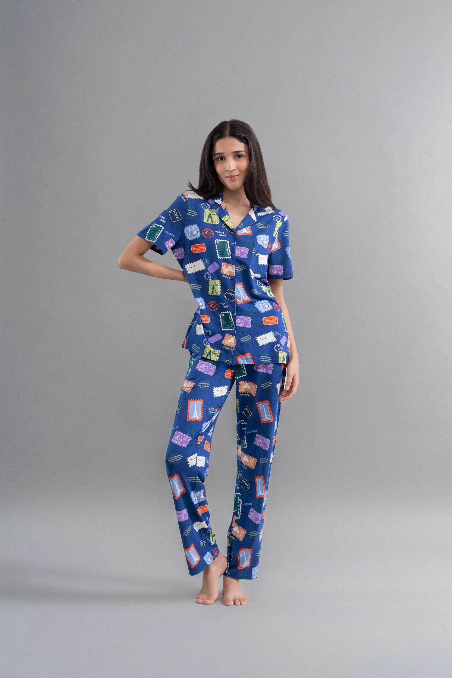 Hawai Button Down Printed Half Sleeve Pajama Set