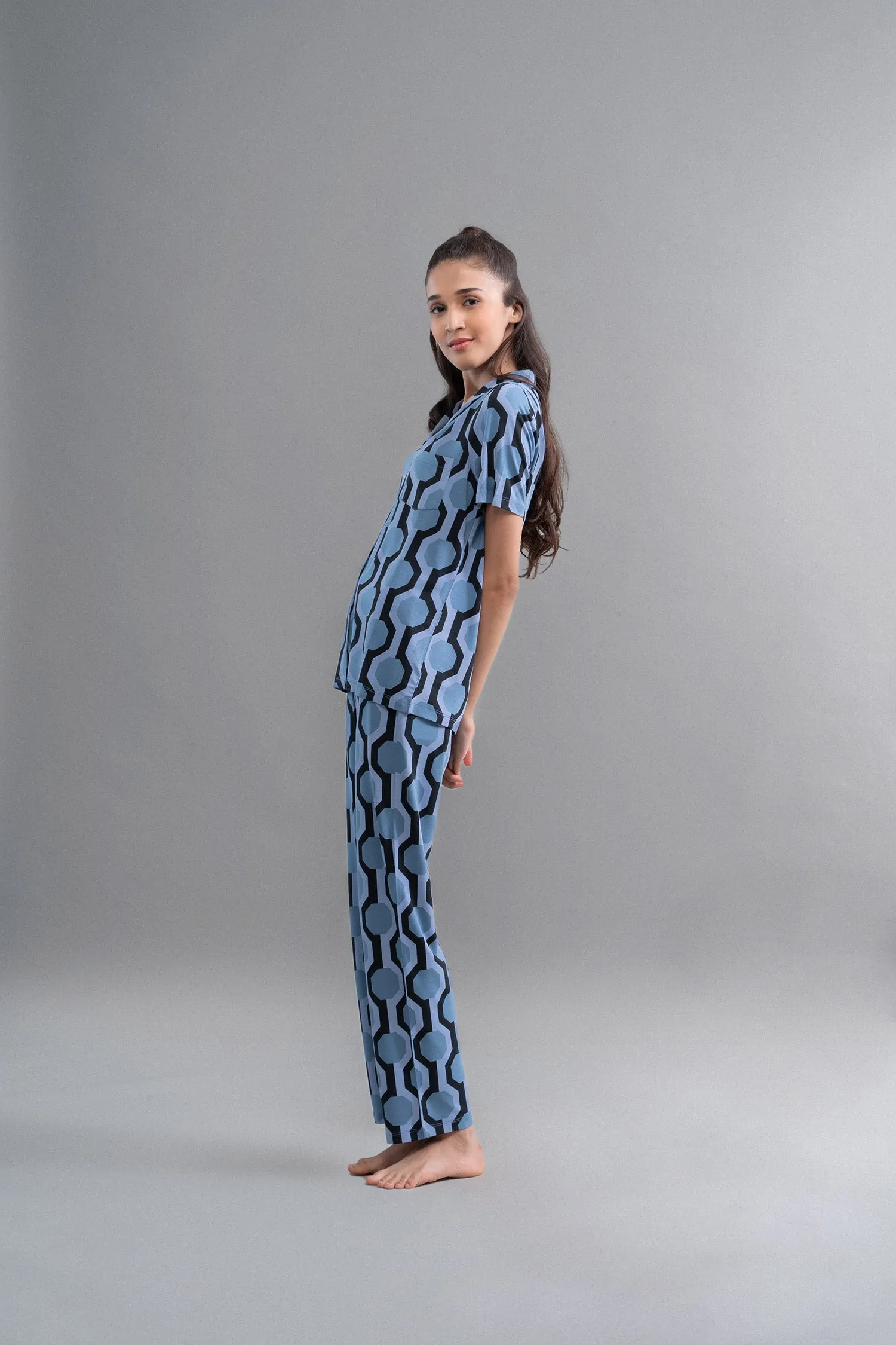 Hawai Button Down Printed Half Sleeve Pajama Set