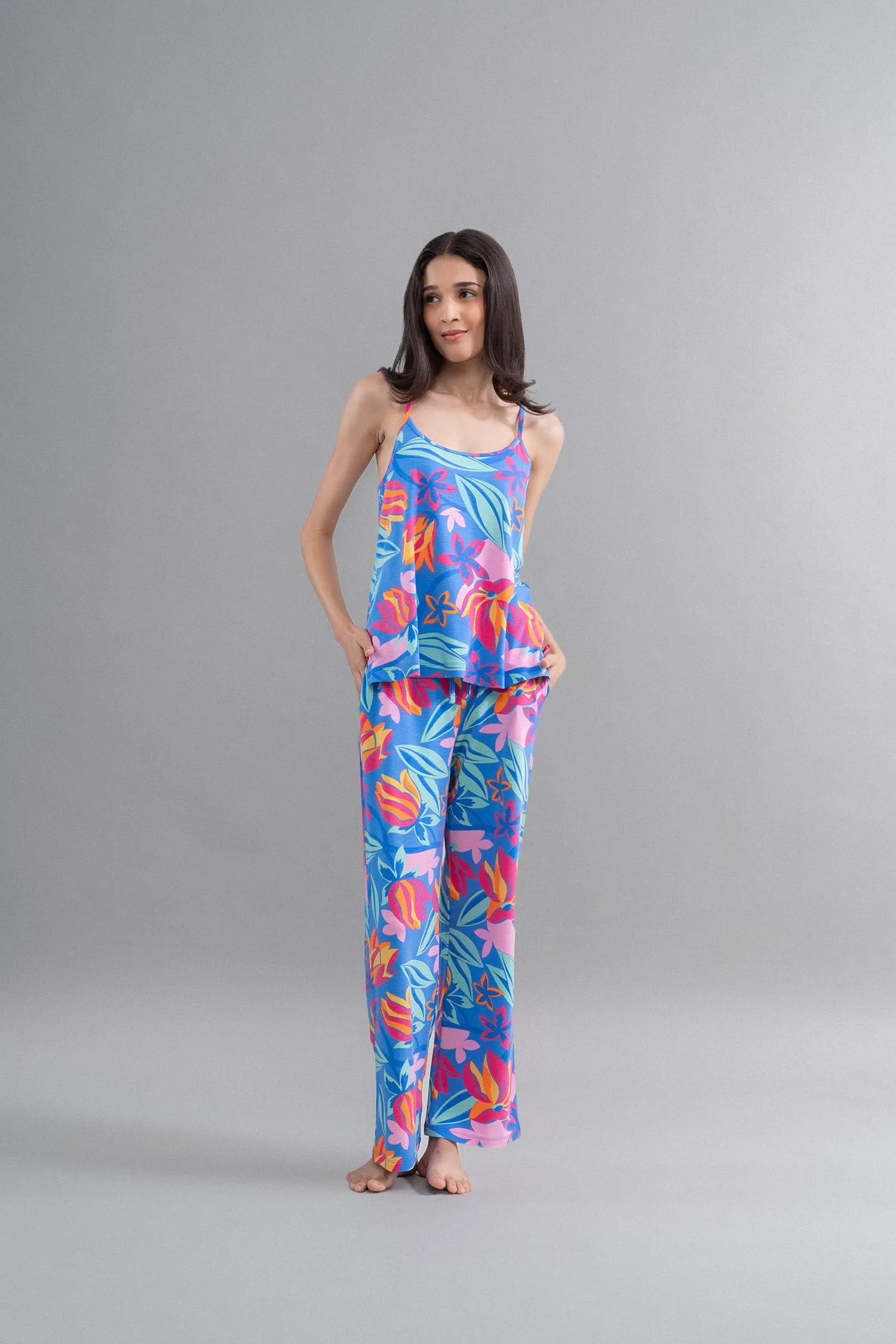Hawaii Flower Modal Blue Pajama Set With Tank Top