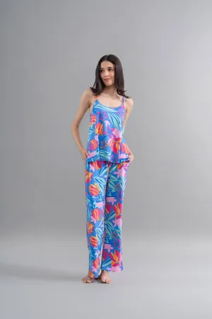 Hawaii Flower Modal Blue Pajama Set With Tank Top