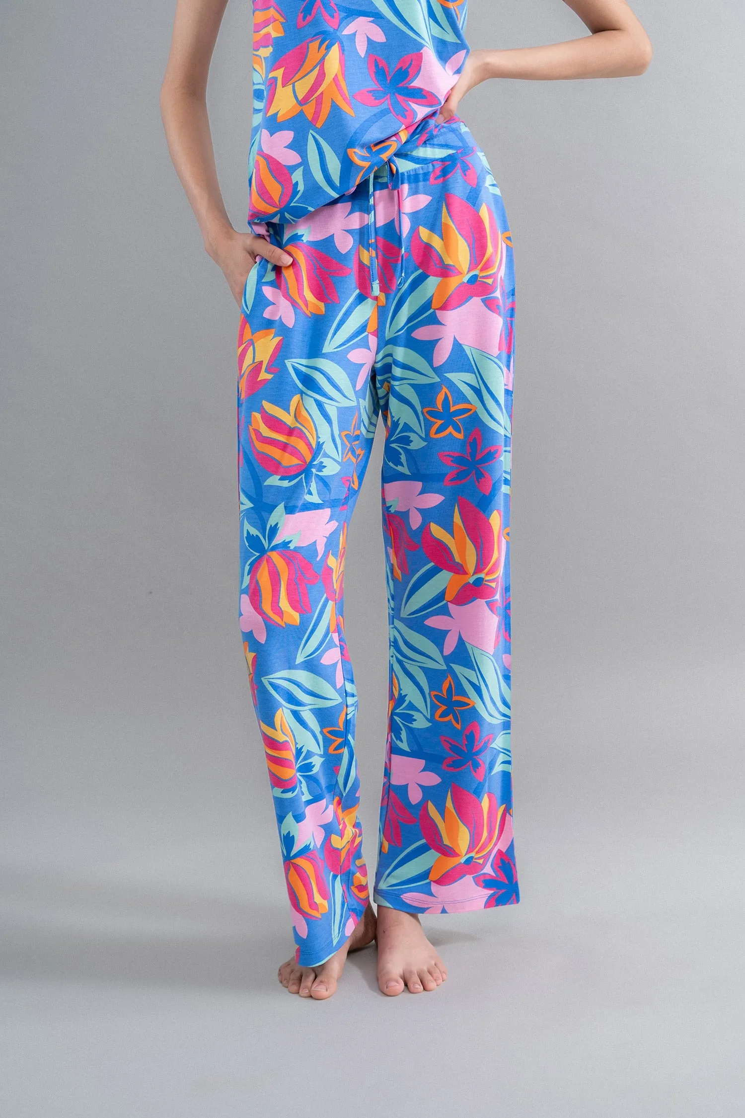 Hawaii Flower Modal Blue Pajama Set With Tank Top