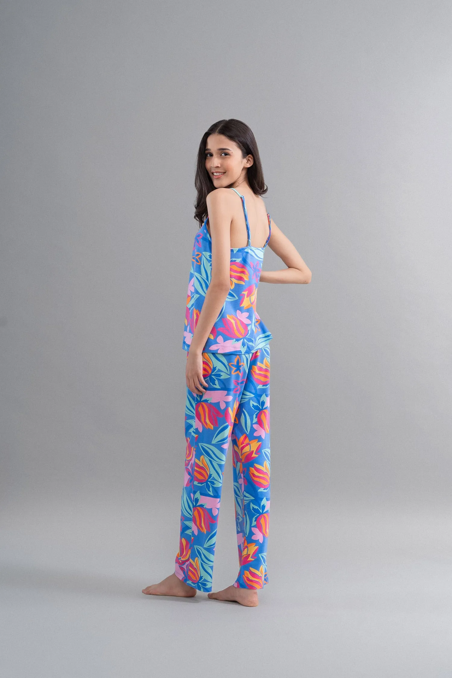 Hawaii Flower Modal Blue Pajama Set With Tank Top