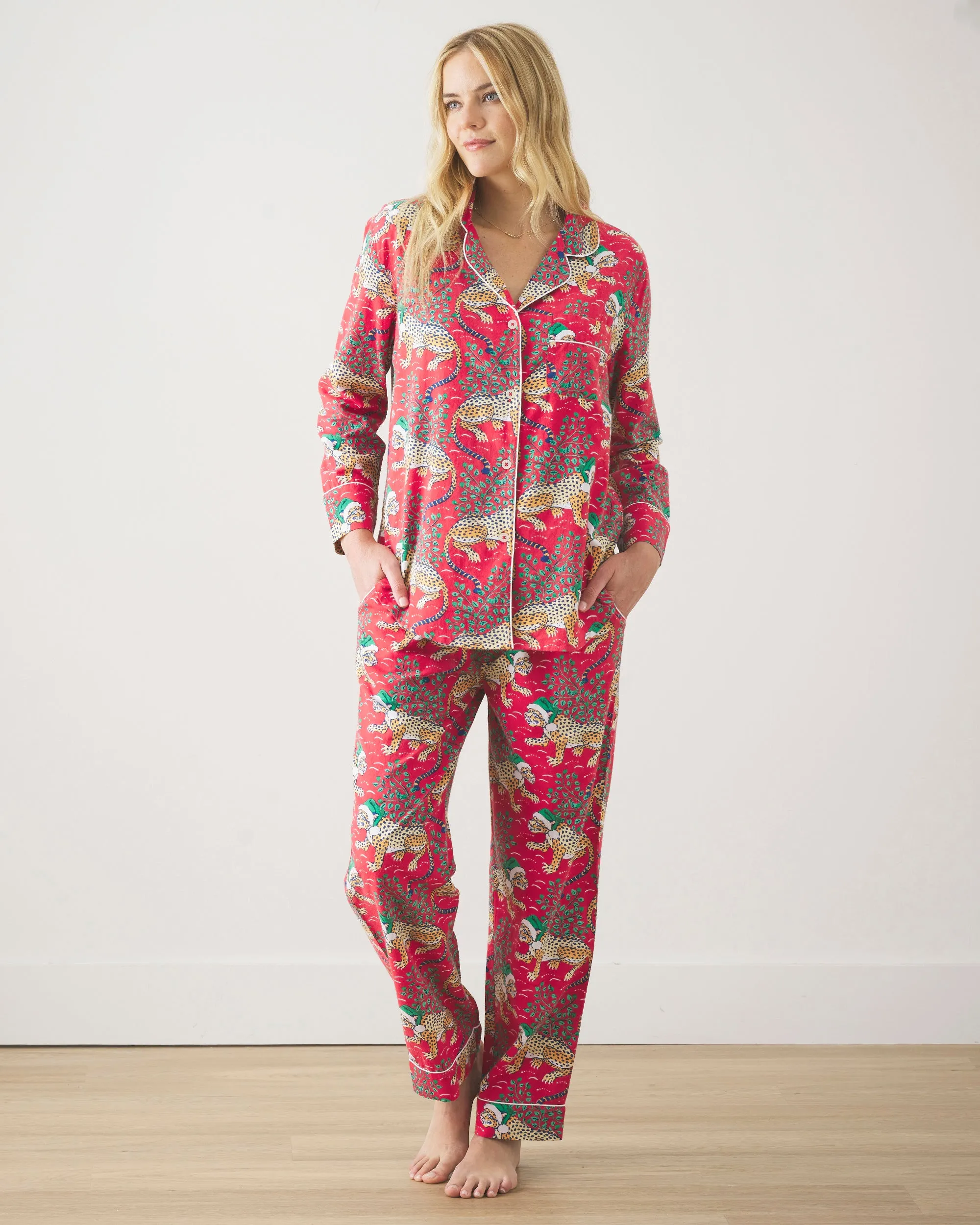 Holly Jolly Bagheera - Tall Lightweight Flannel Long PJ Set - Ruby
