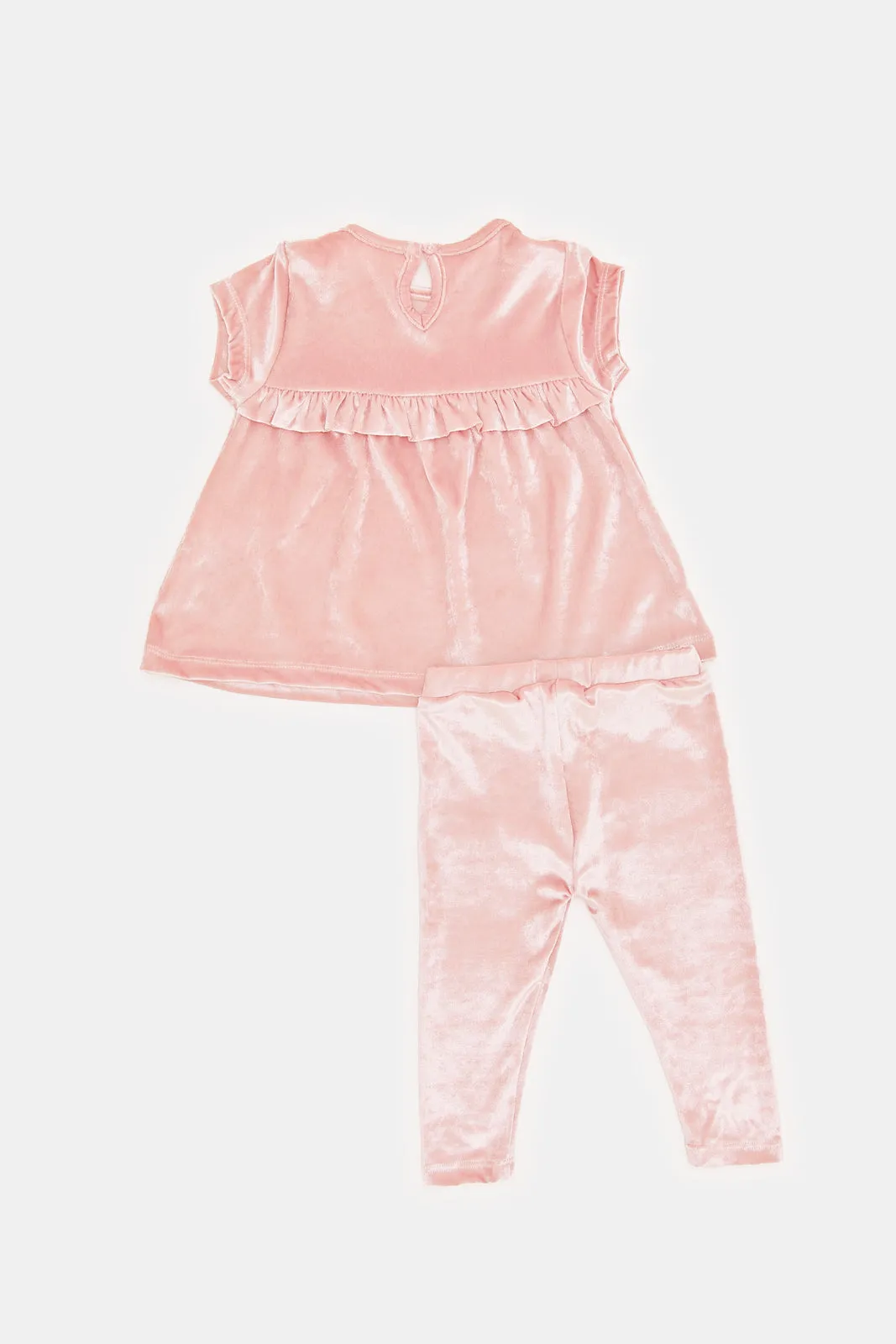 Infant Girls Plain Pink Frilled Velour Set (2 Piece)