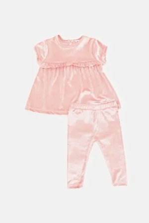 Infant Girls Plain Pink Frilled Velour Set (2 Piece)