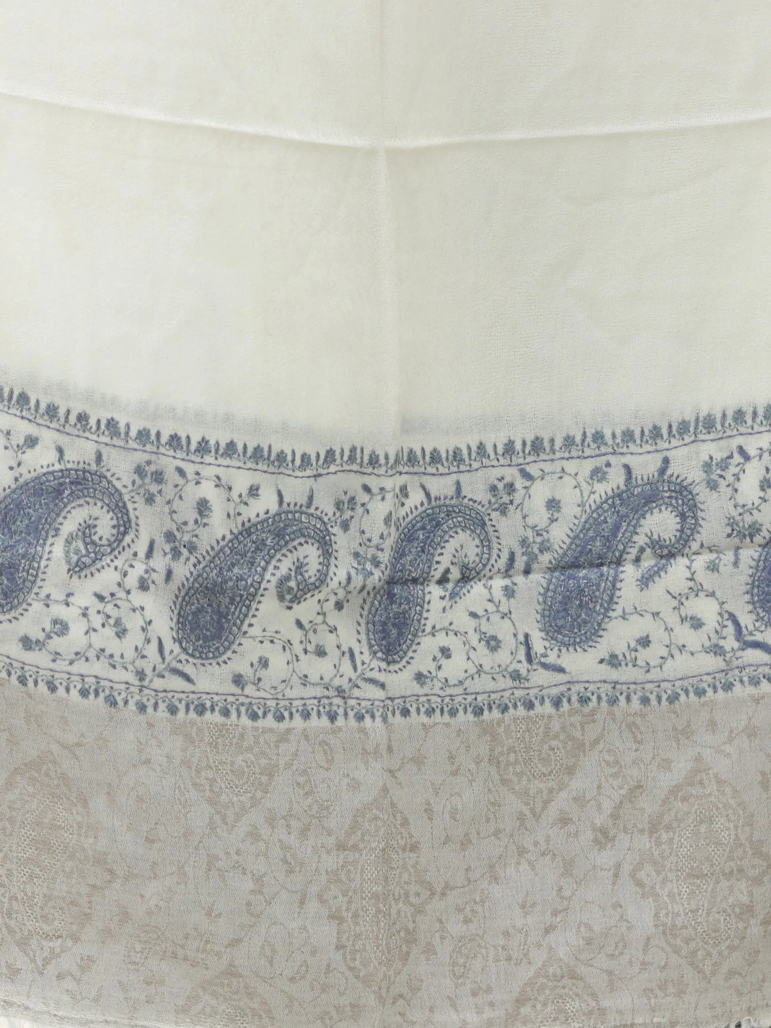 Ivory Blue Grey Needle Embroidered Cashmere Fine Wool Kashmiri Stole - S200604