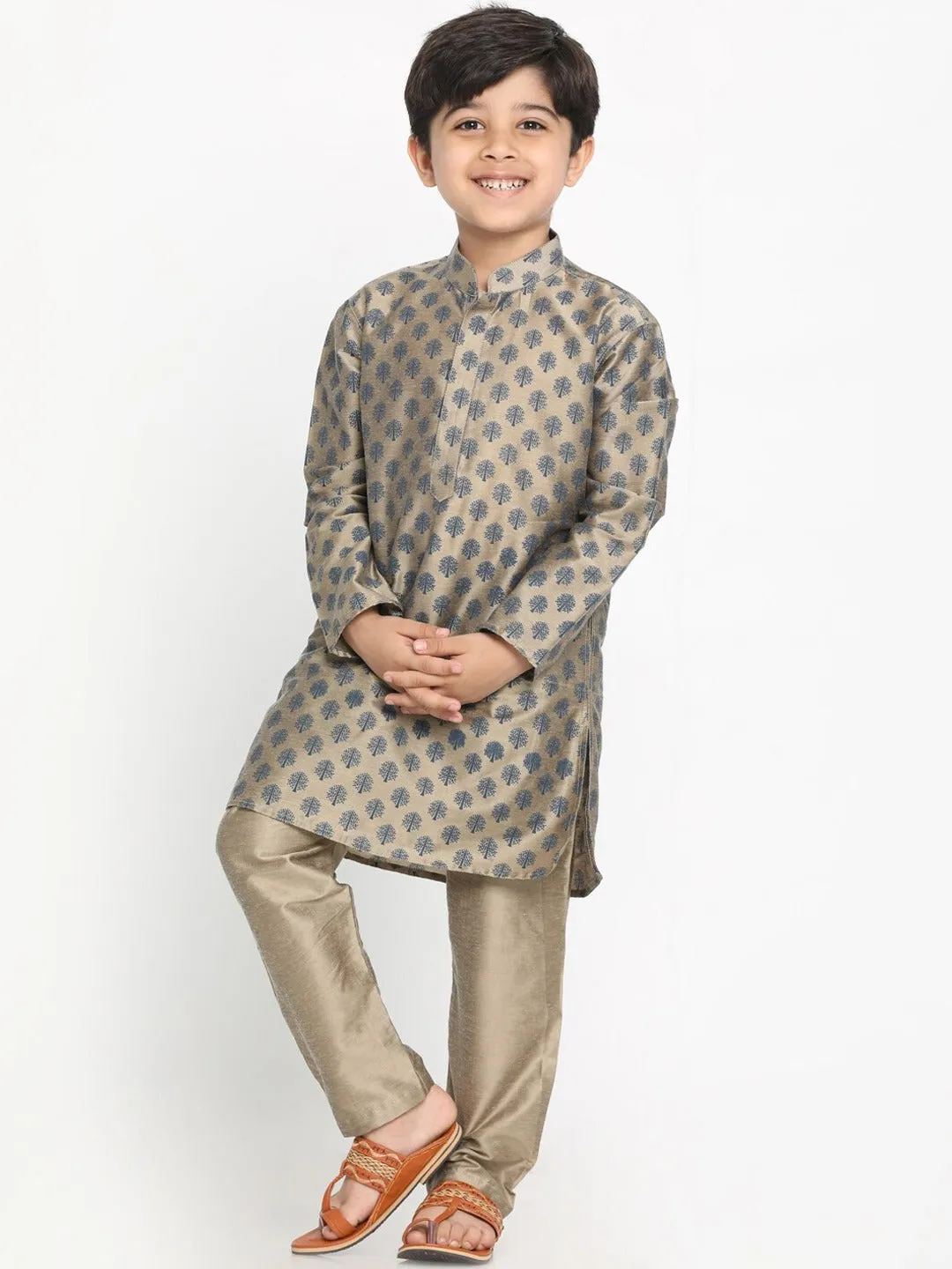 Jashvi Boy's Chiku Brown Printed Kurta With Pyjama Set