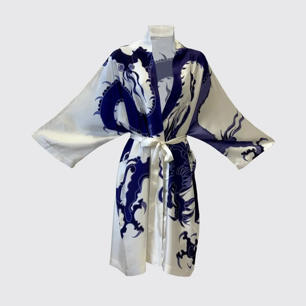 Kimono Silk Robe - Blue Dragon on White