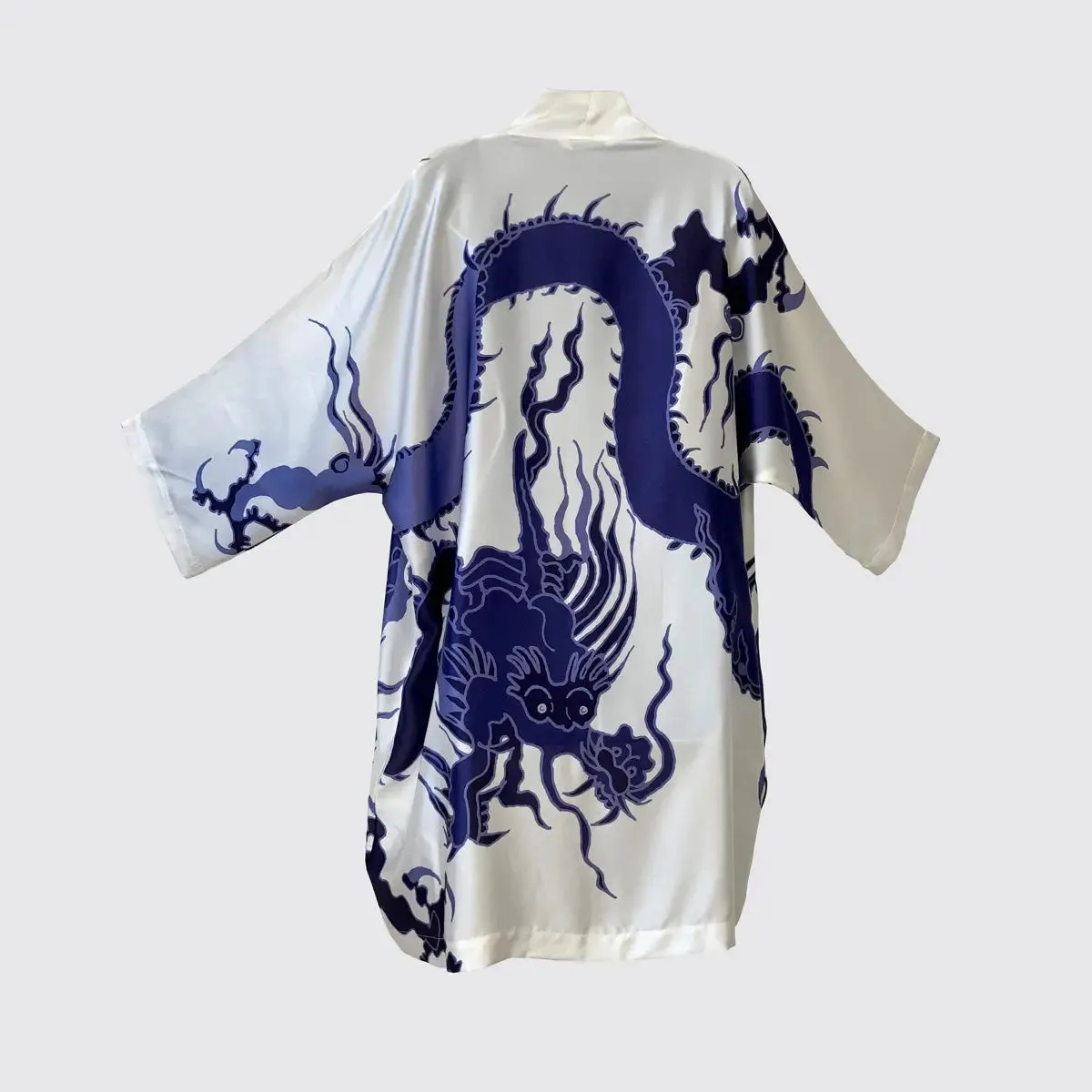 Kimono Silk Robe - Blue Dragon on White