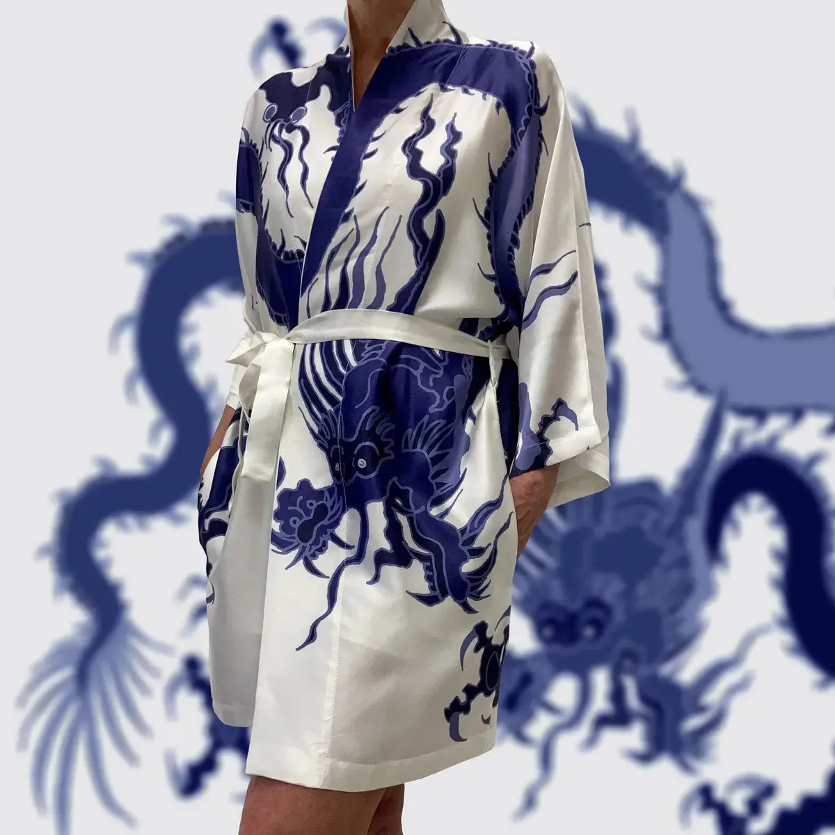 Kimono Silk Robe - Blue Dragon on White