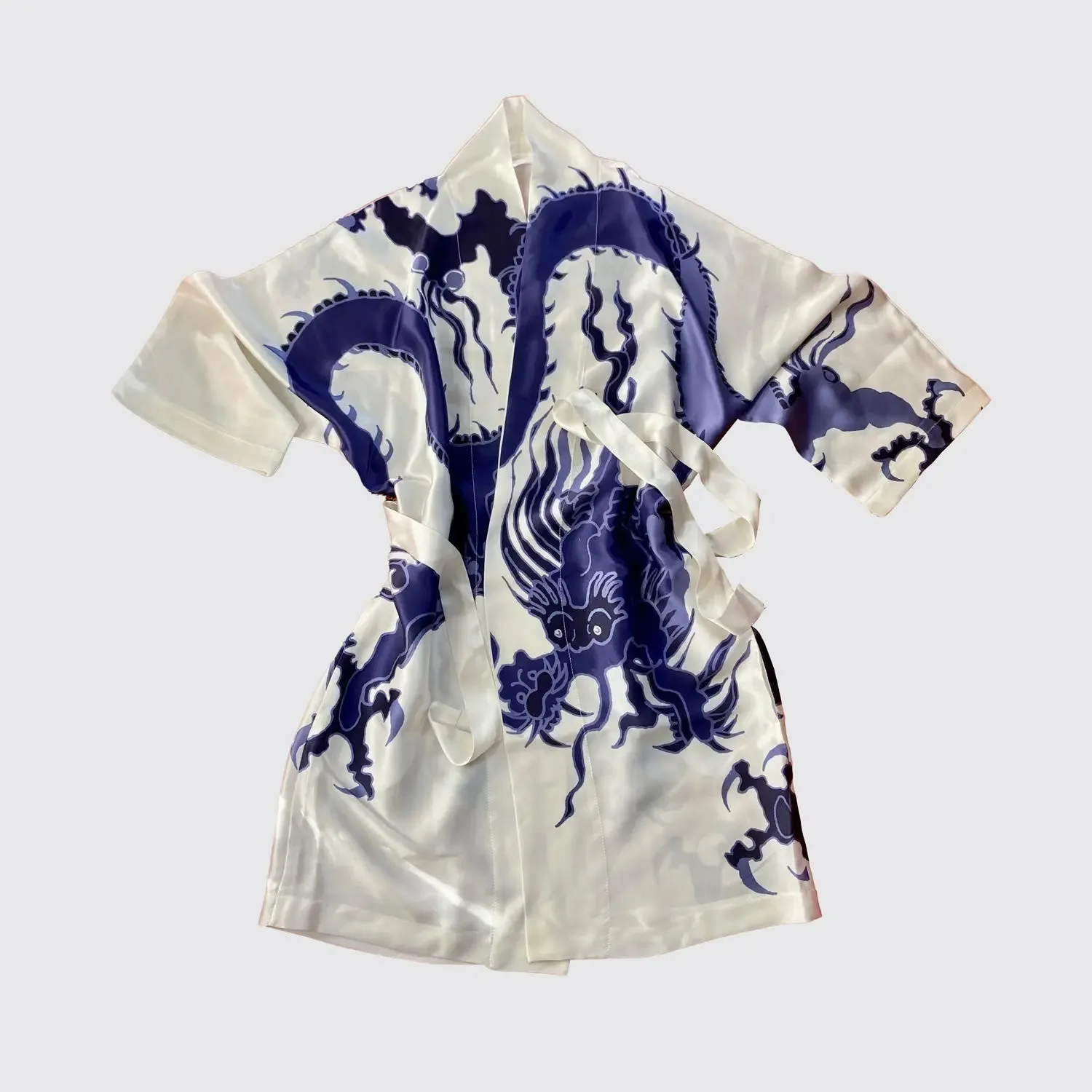 Kimono Silk Robe - Blue Dragon on White