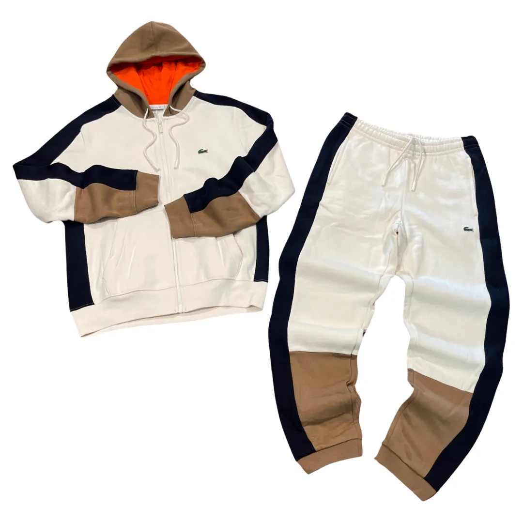 LACOSTE FUll ZIP HOODED CLASSIC SWEATSUIT Men’s -WHITE -BROWN-SIX NAVY