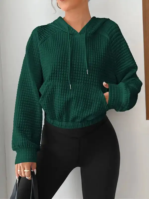 Loose pullover hooded long-sleeved patchwork waffle sweatshirt