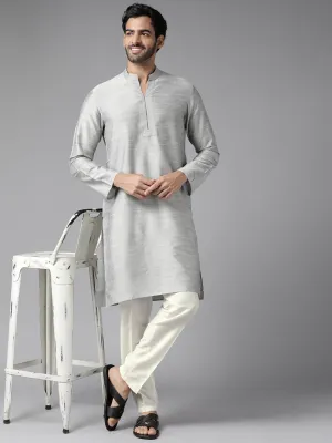 Men Grey Cotton Slik Straight Kurta With Pyjama
