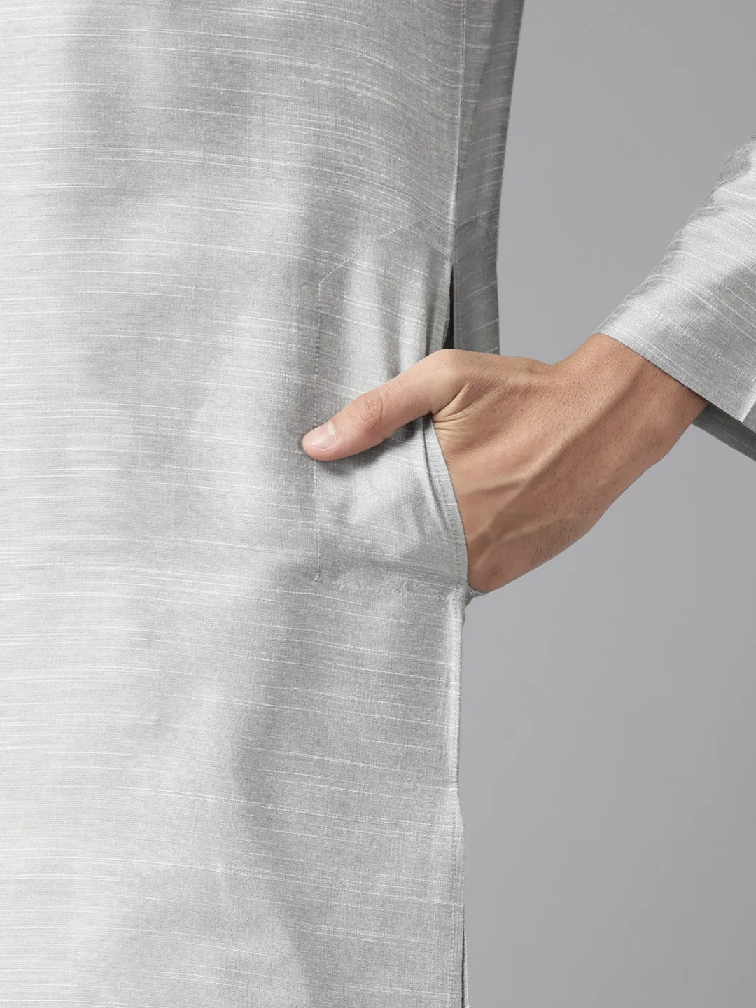 Men Grey Cotton Slik Straight Kurta With Pyjama