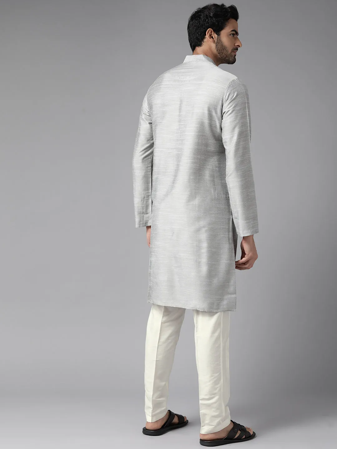 Men Grey Cotton Slik Straight Kurta With Pyjama