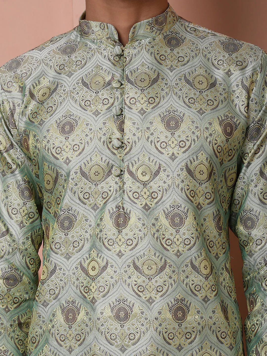 Men Pista Green Silk Blend Straight Kurta Pyjama Set