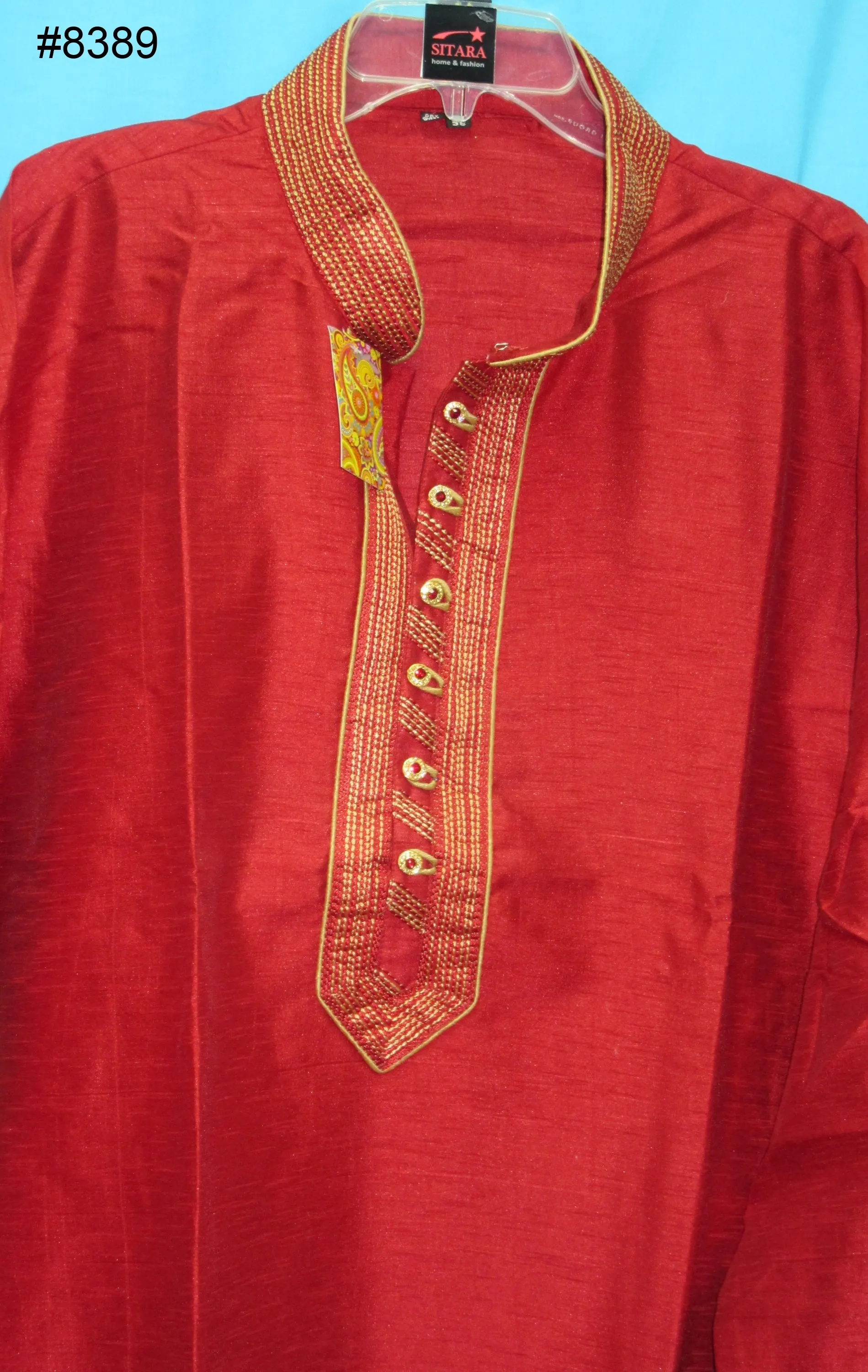 Men's 8389 Plus Size Red Slub Kurta Beige Tussar Pajama Set