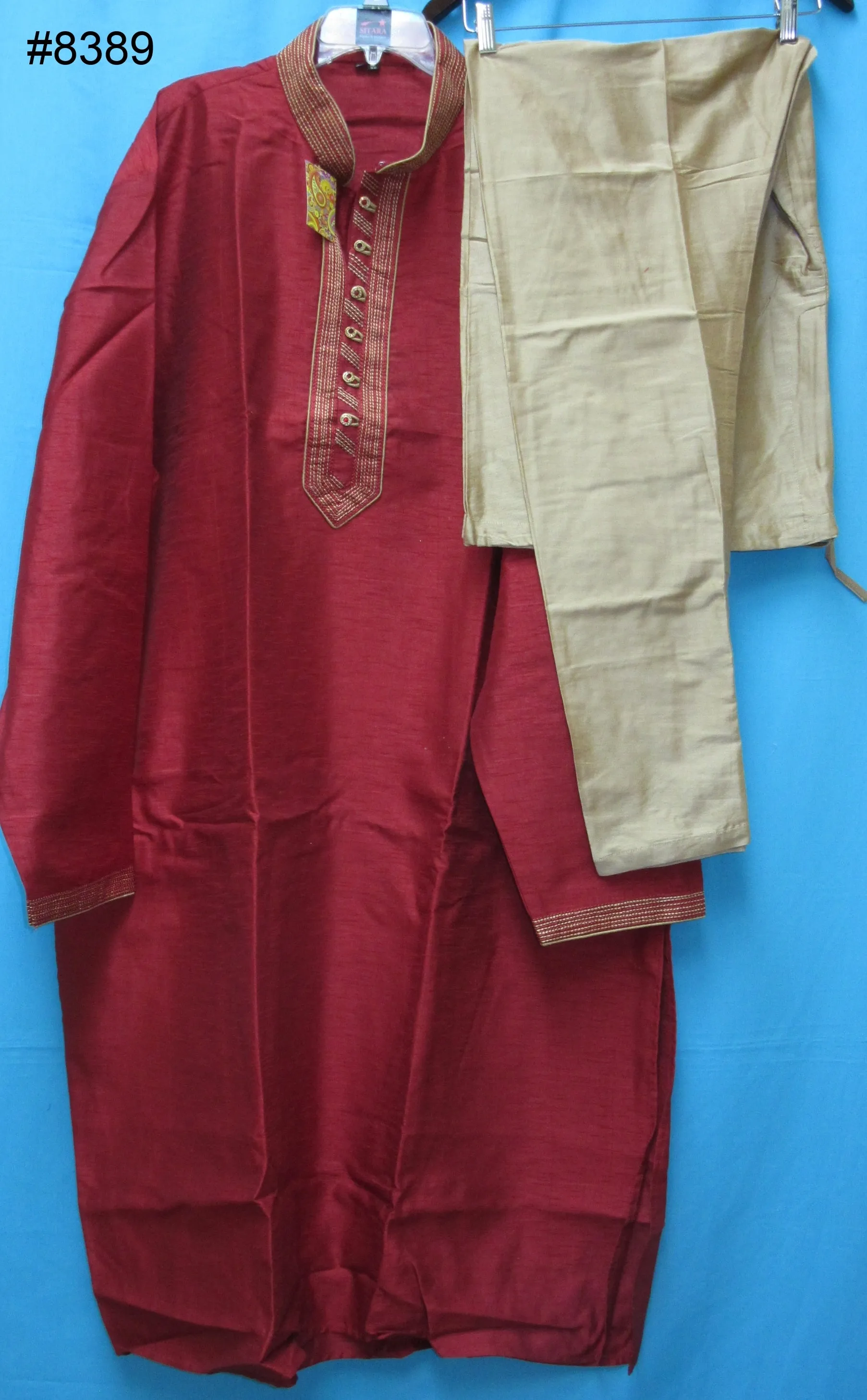 Men's 8389 Plus Size Red Slub Kurta Beige Tussar Pajama Set