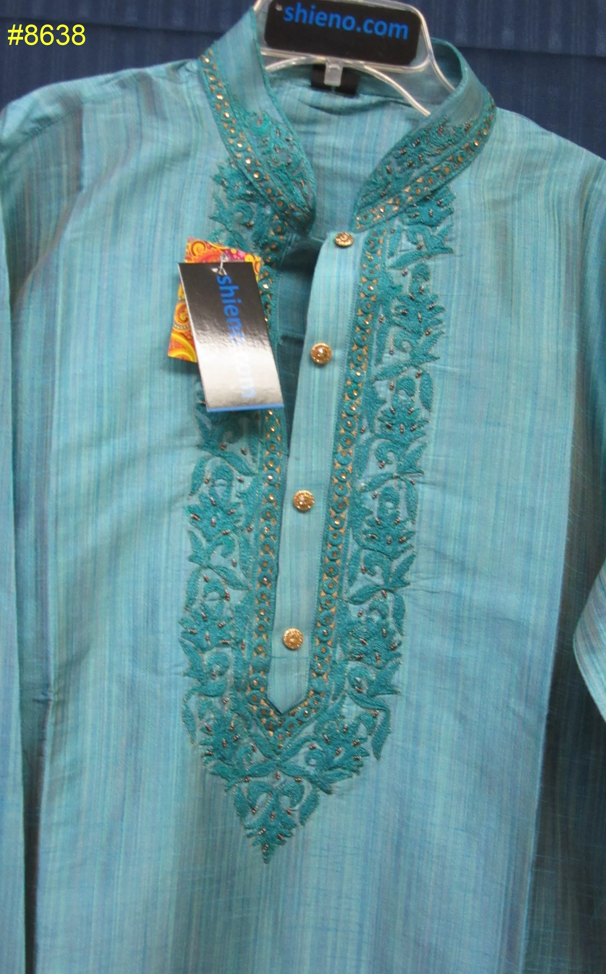 Men's 8638 Medium Size Rainbow Blue Tussar Kurta Pajama Dupatta Set