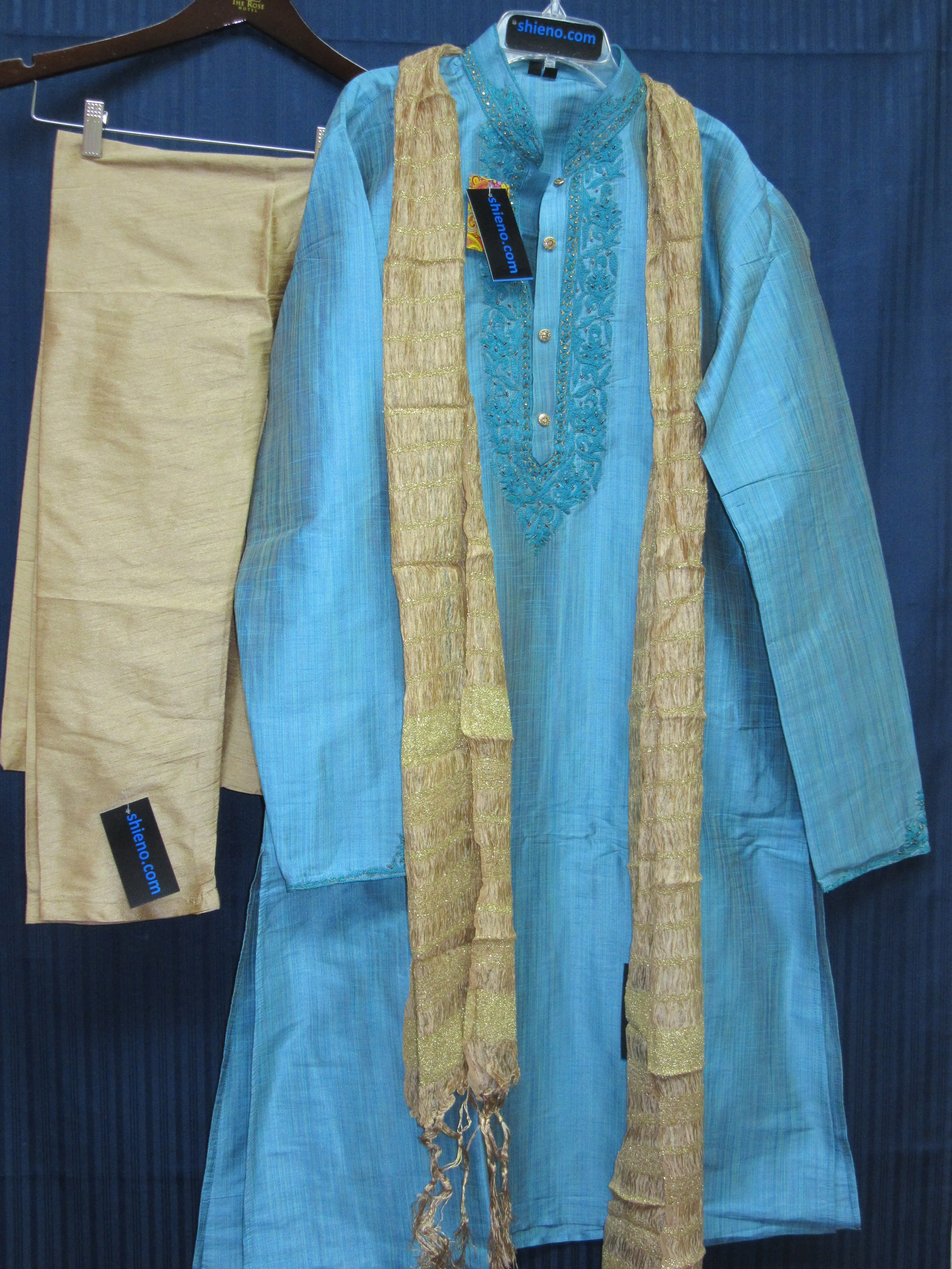 Men's 8638 Medium Size Rainbow Blue Tussar Kurta Pajama Dupatta Set