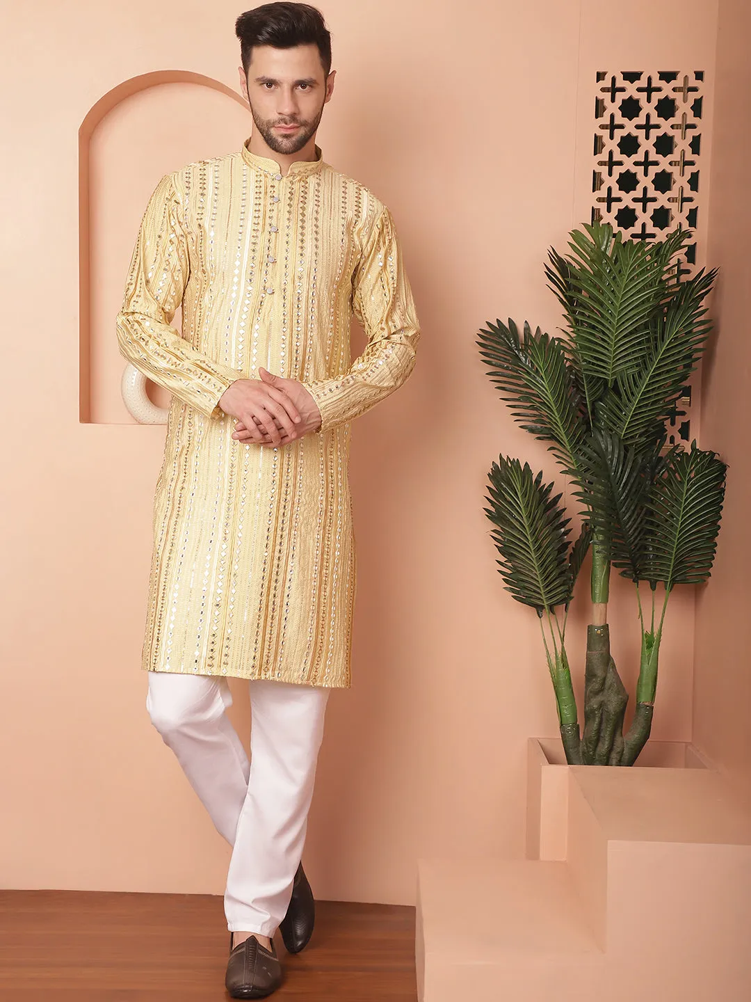 Men'S Mirror Work Kurta Payjama Sets