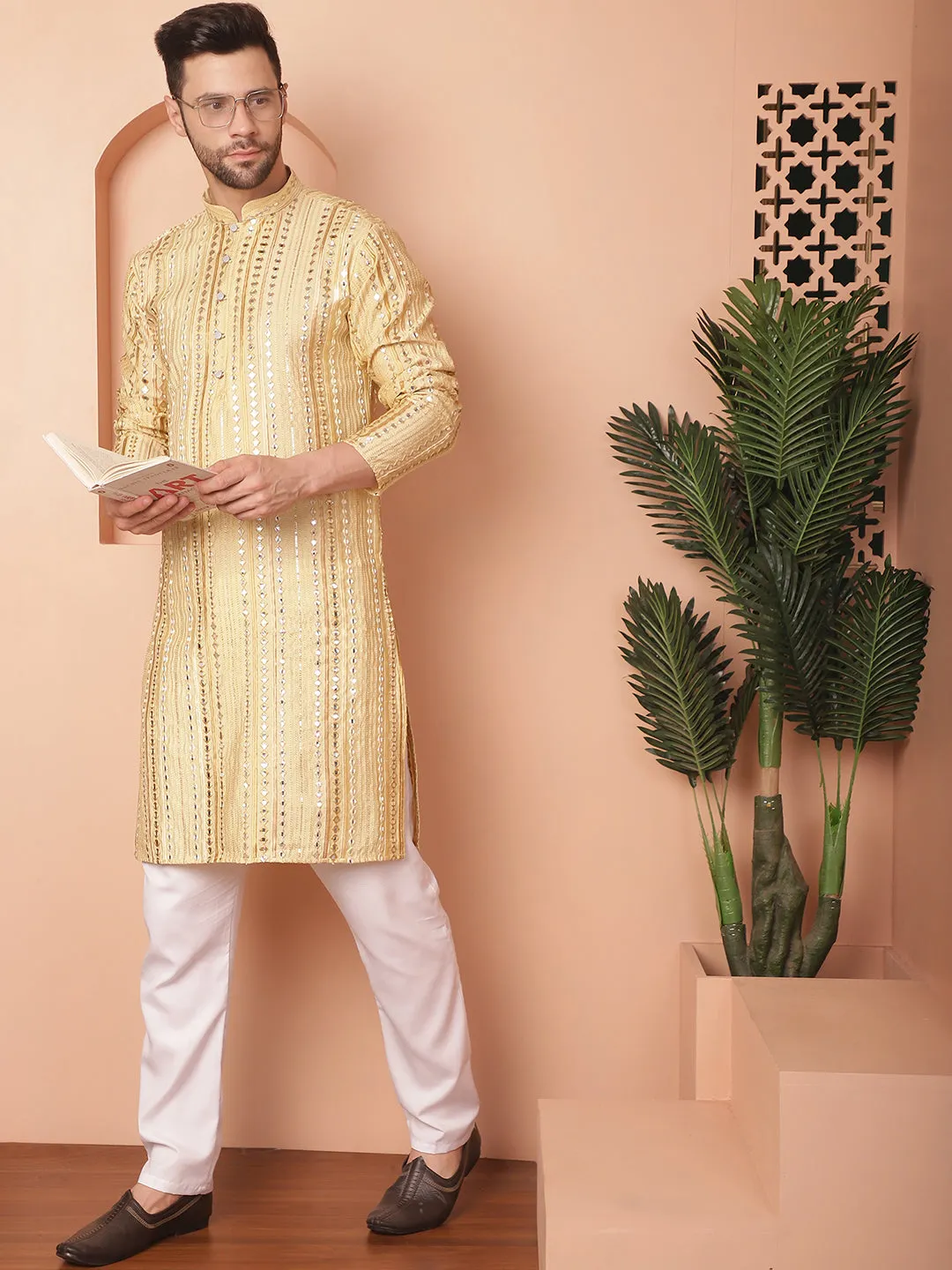 Men'S Mirror Work Kurta Payjama Sets