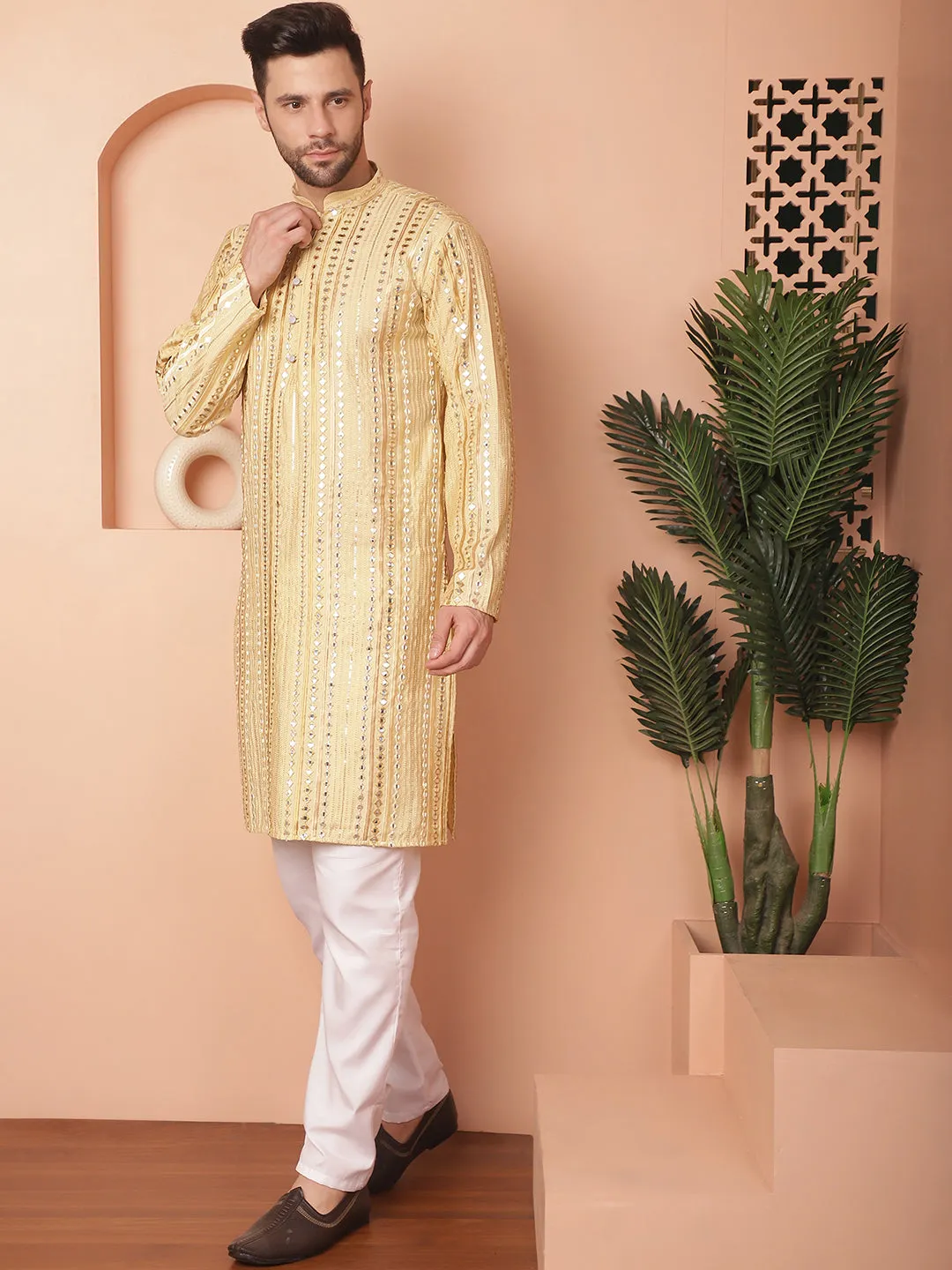 Men'S Mirror Work Kurta Payjama Sets
