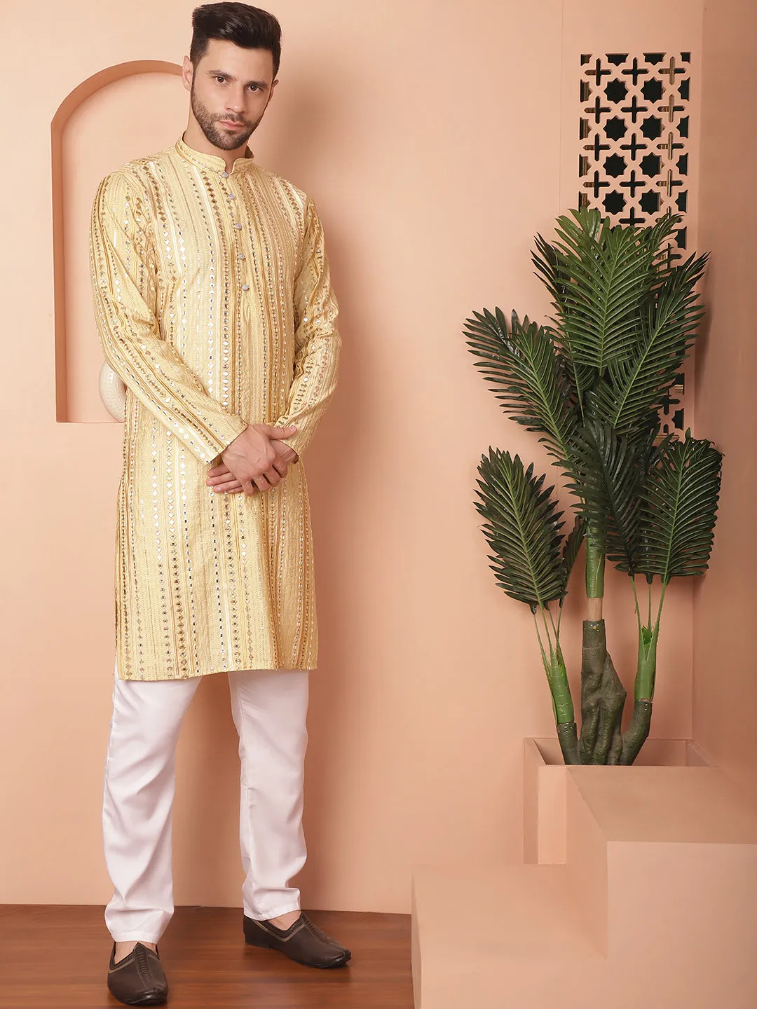 Men'S Mirror Work Kurta Payjama Sets
