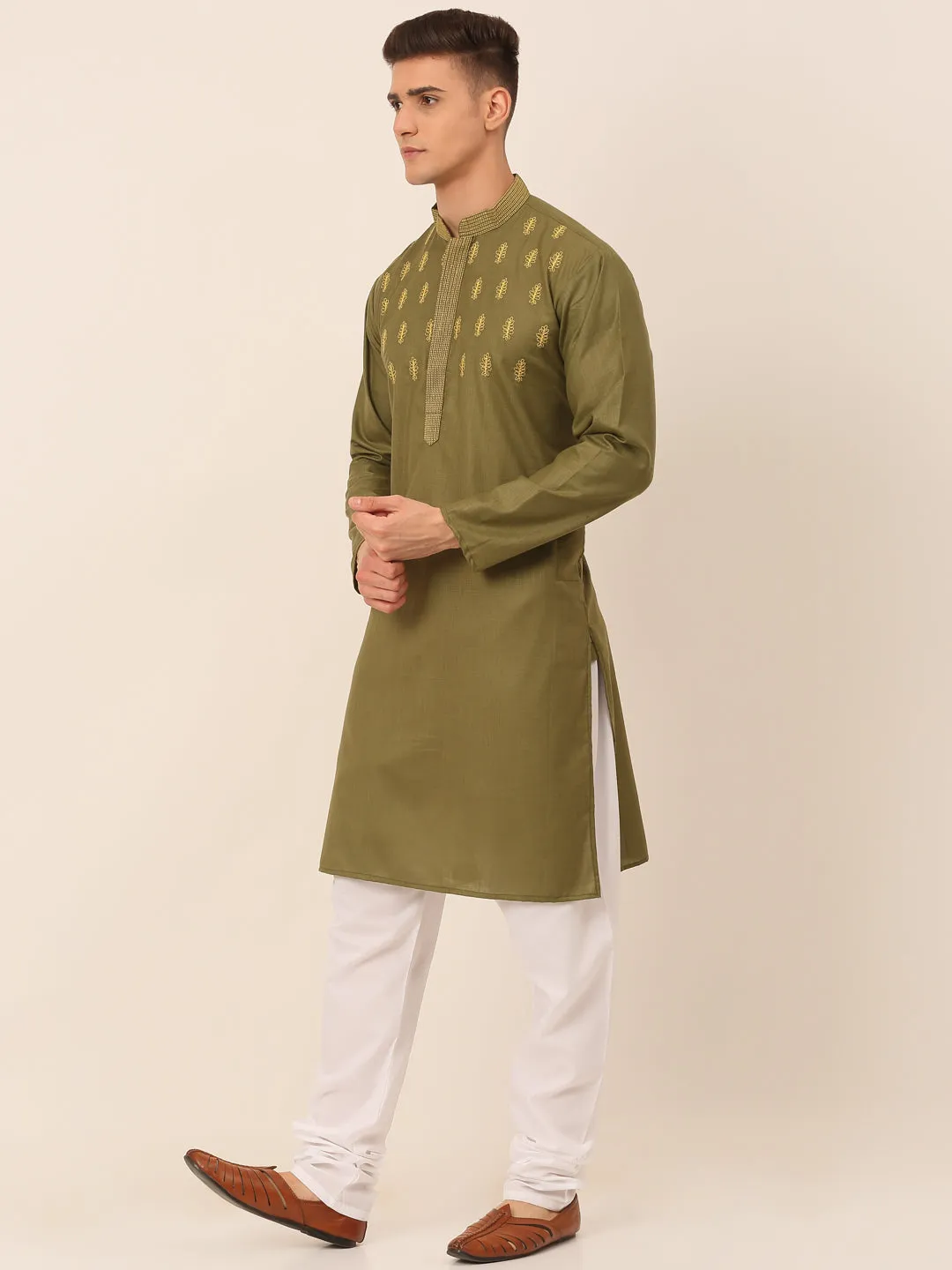 Men'S Olive Green Embroidered Kurta Pajama Sets