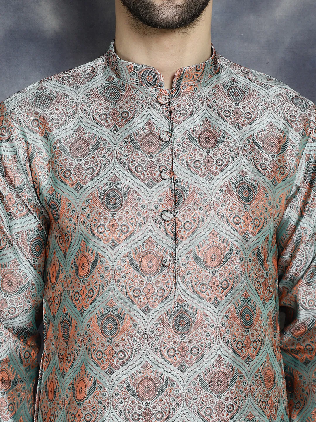 Men's Silver Silk Blend Straight Kurta Pyjama Set - Taantav