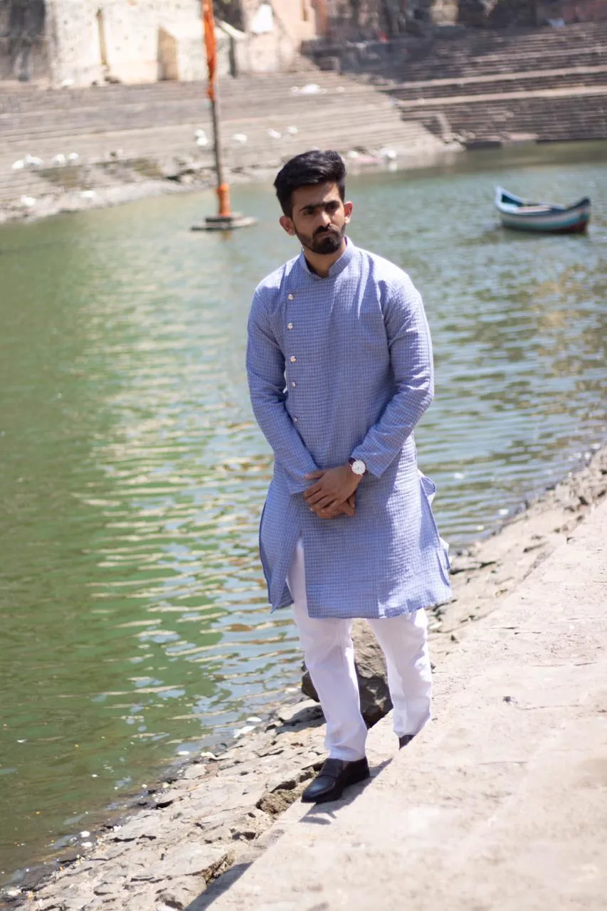 Men's Steel Blue Self Design Kurta Only ( KO 572 Steel-Blue ) - Virat Fashions