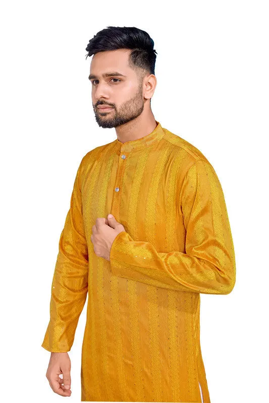 Men's Yellow Jacquard Silk Sequence Work Party Wear Kurta With Pajama  Men (Stitched ) - Aastha Fashion Men
