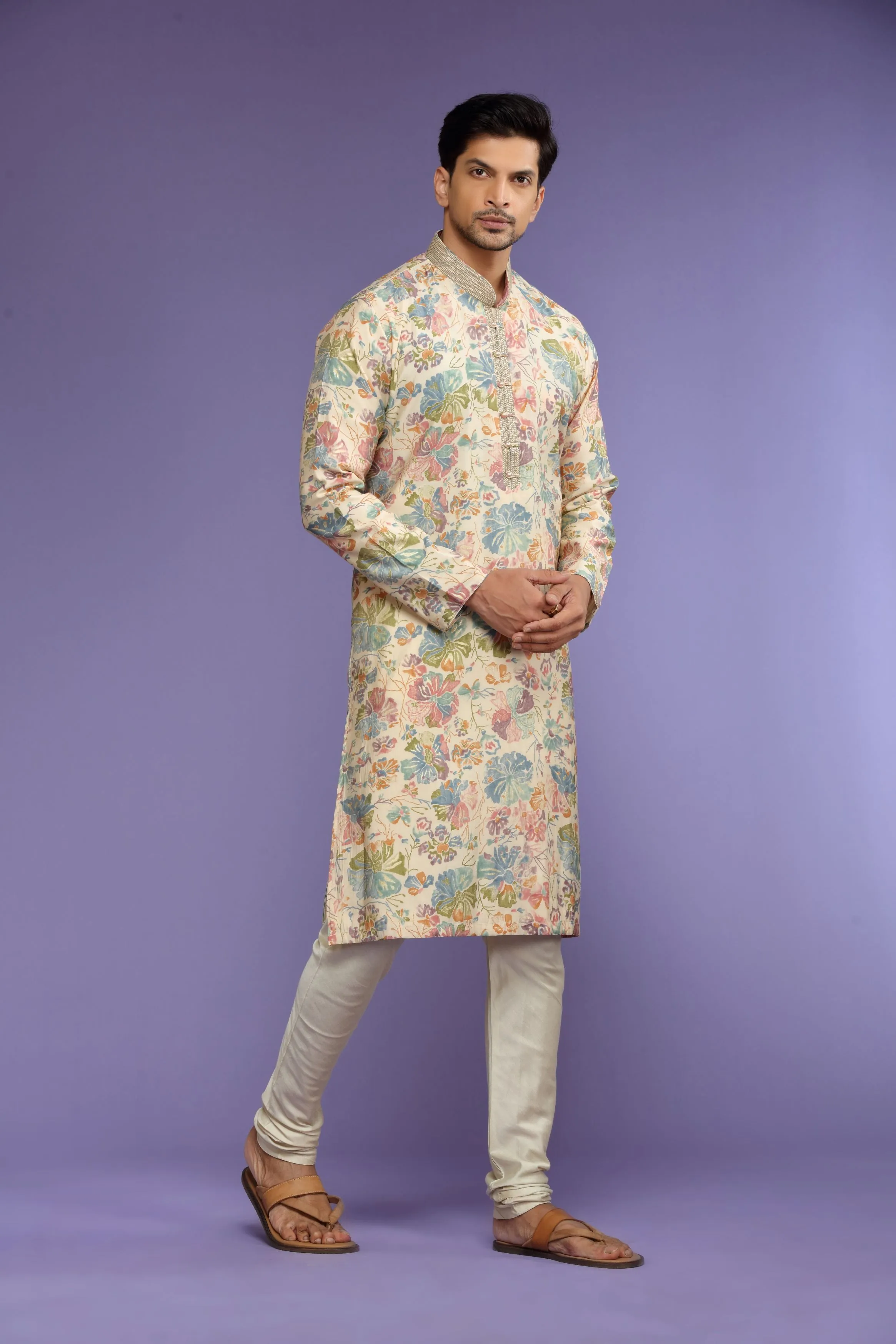 Multicolor Floral Printed Silk Kurta Set  Designed by Kora (Nilesh Mitesh)