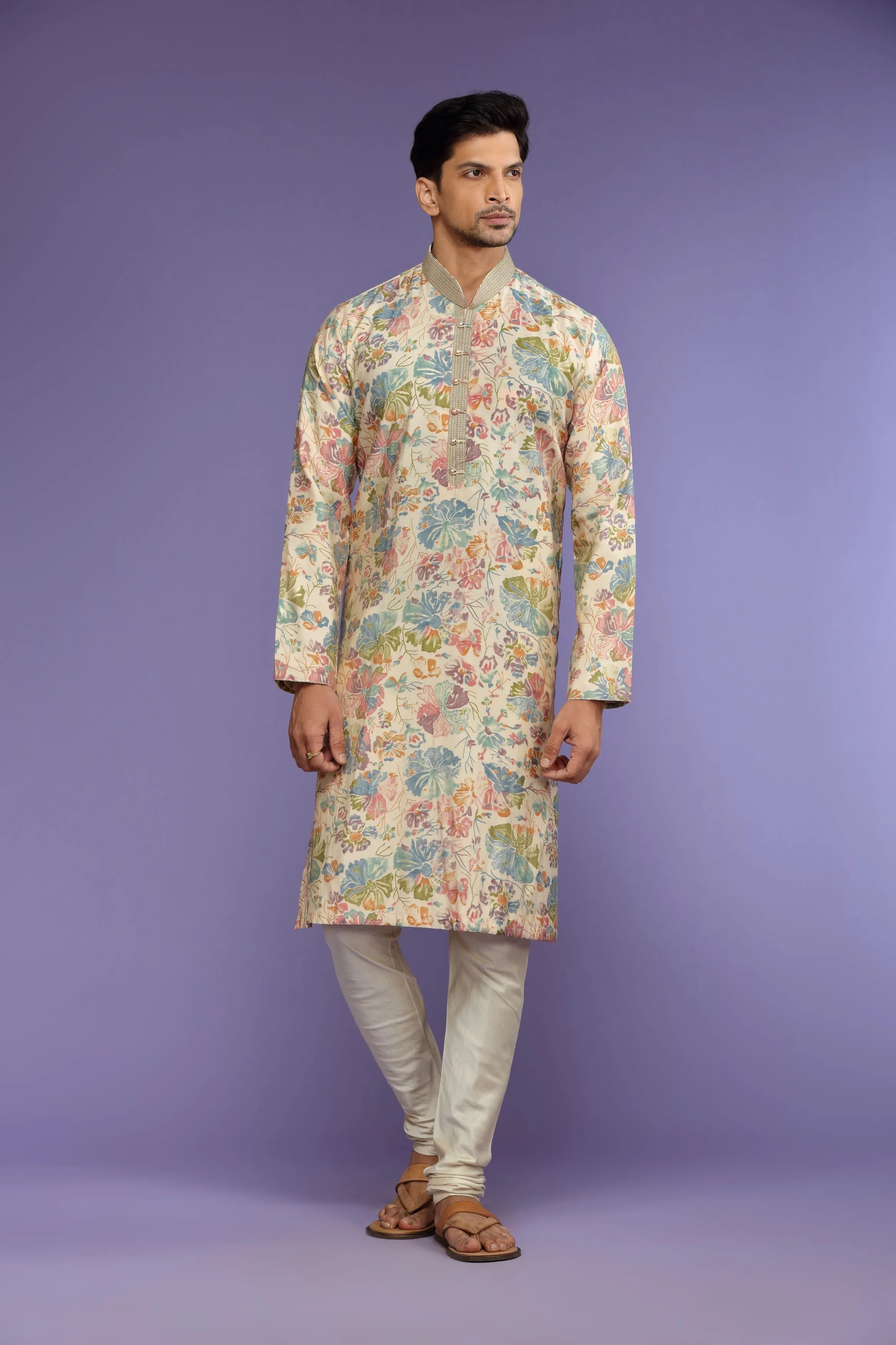 Multicolor Floral Printed Silk Kurta Set  Designed by Kora (Nilesh Mitesh)