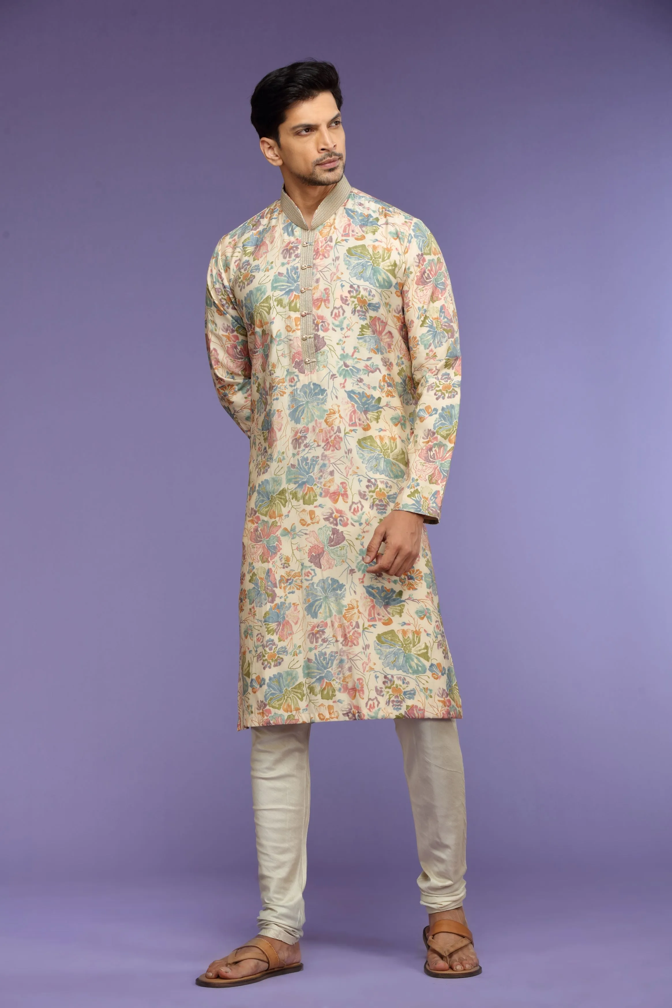 Multicolor Floral Printed Silk Kurta Set  Designed by Kora (Nilesh Mitesh)