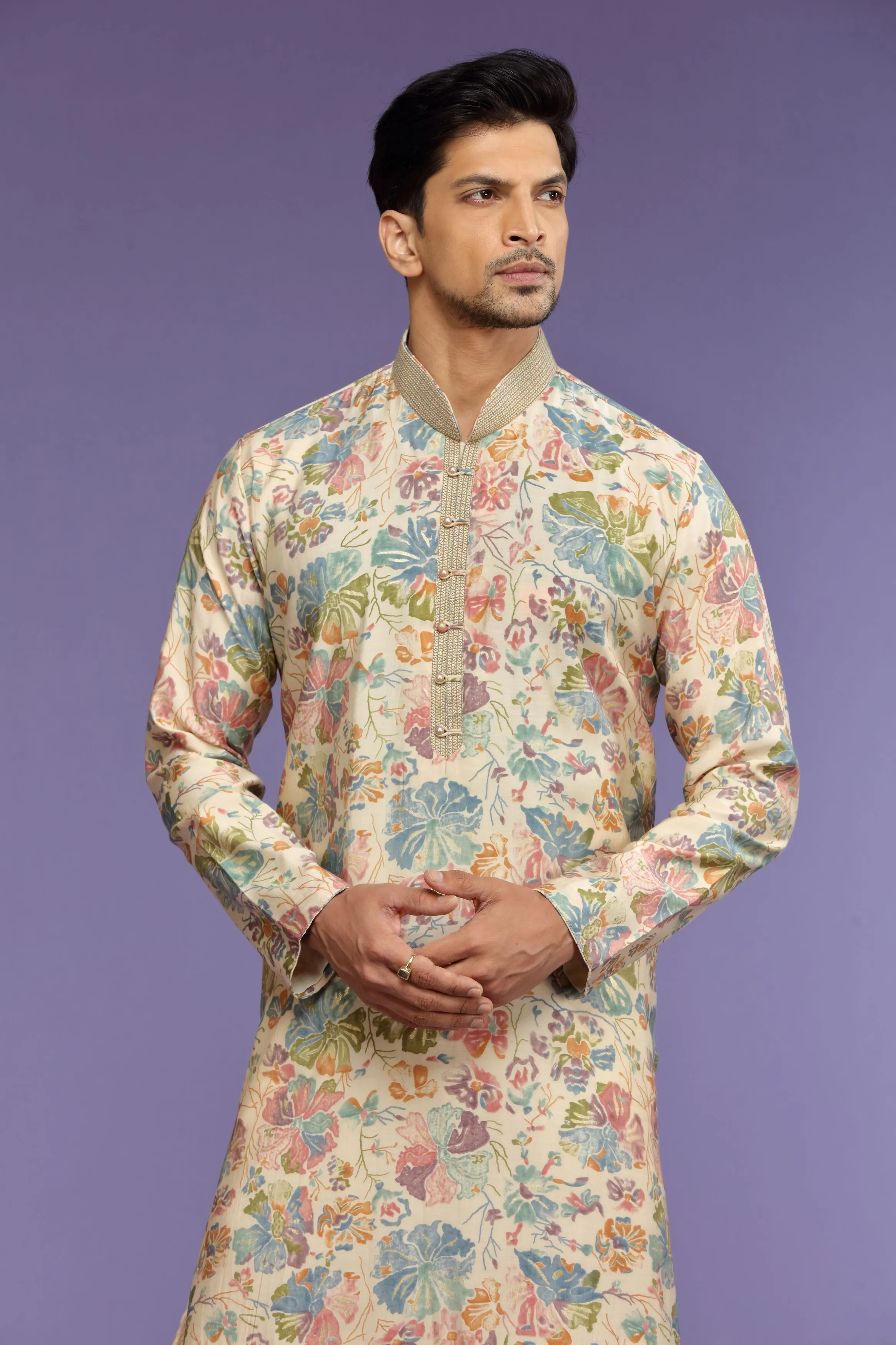 Multicolor Floral Printed Silk Kurta Set  Designed by Kora (Nilesh Mitesh)