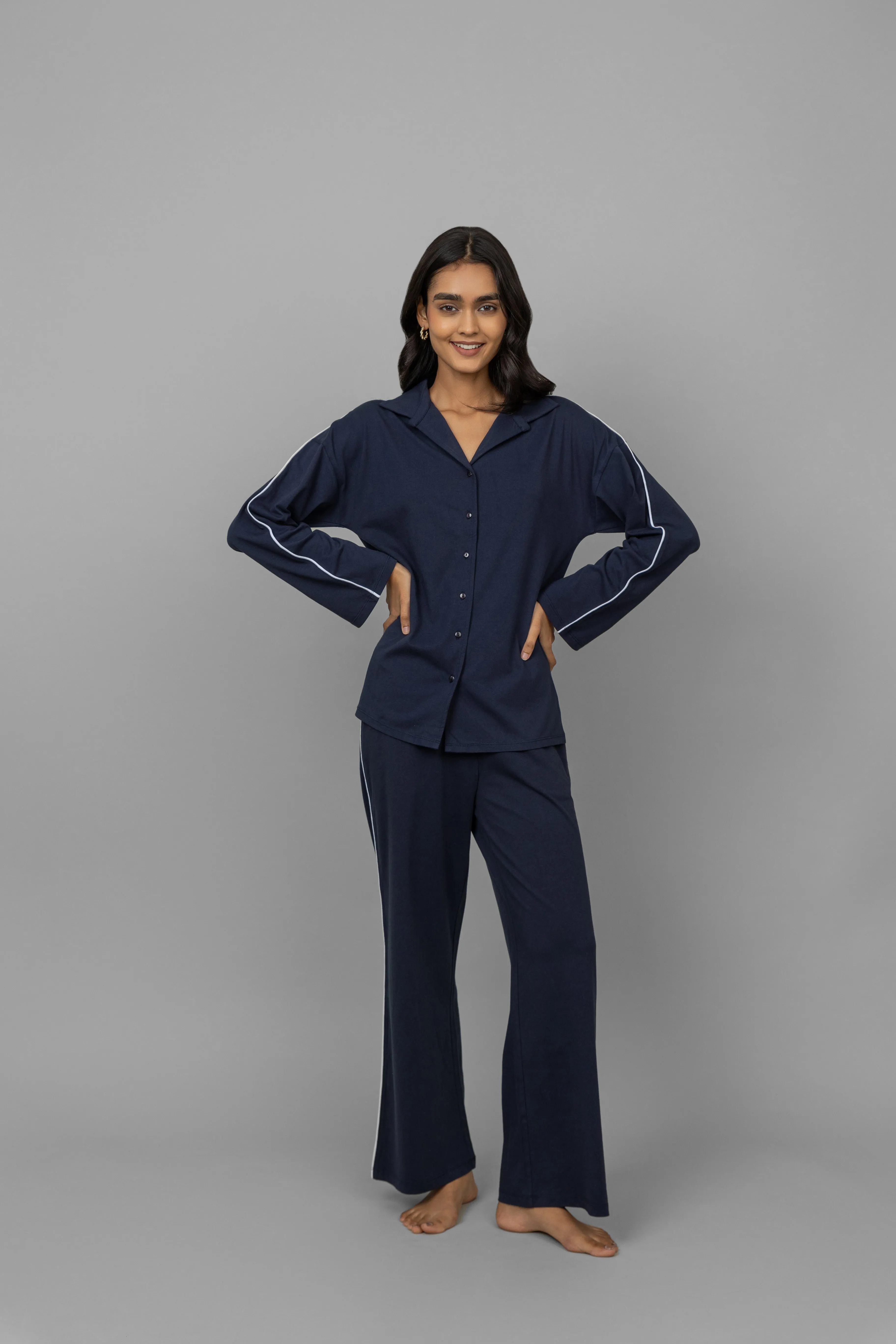 Navy Button down white piping pajama Set