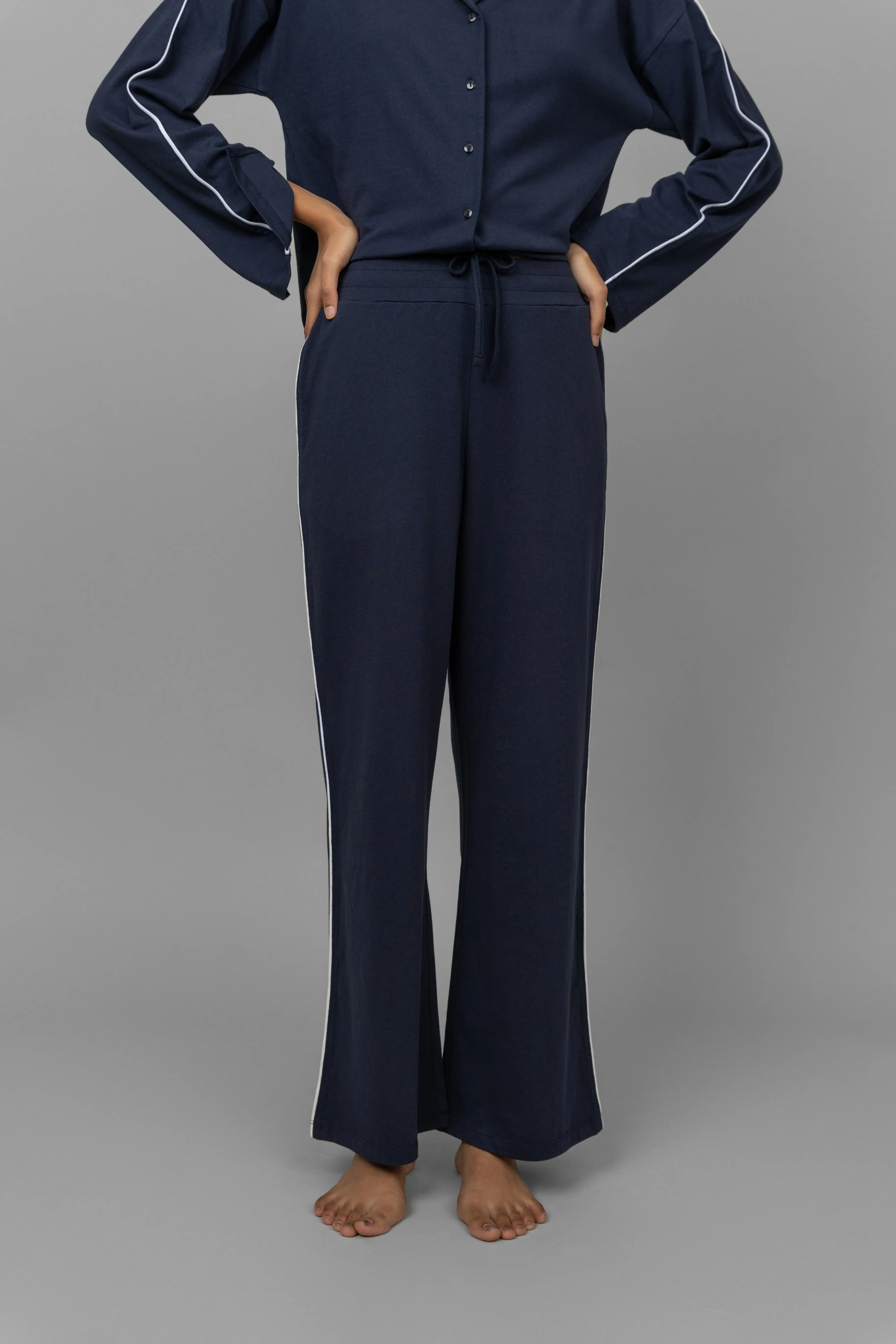 Navy Button down white piping pajama Set