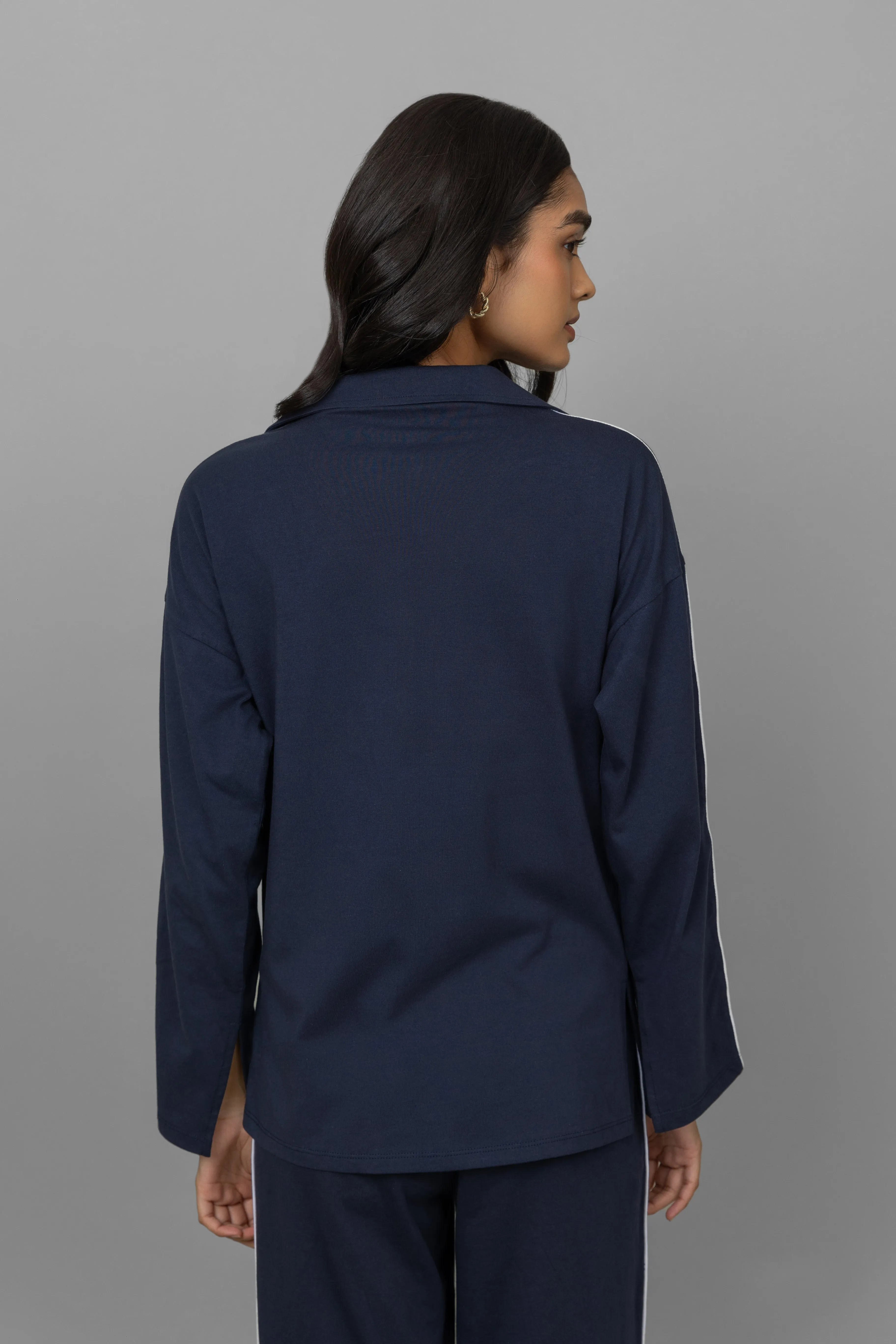 Navy Button down white piping pajama Set