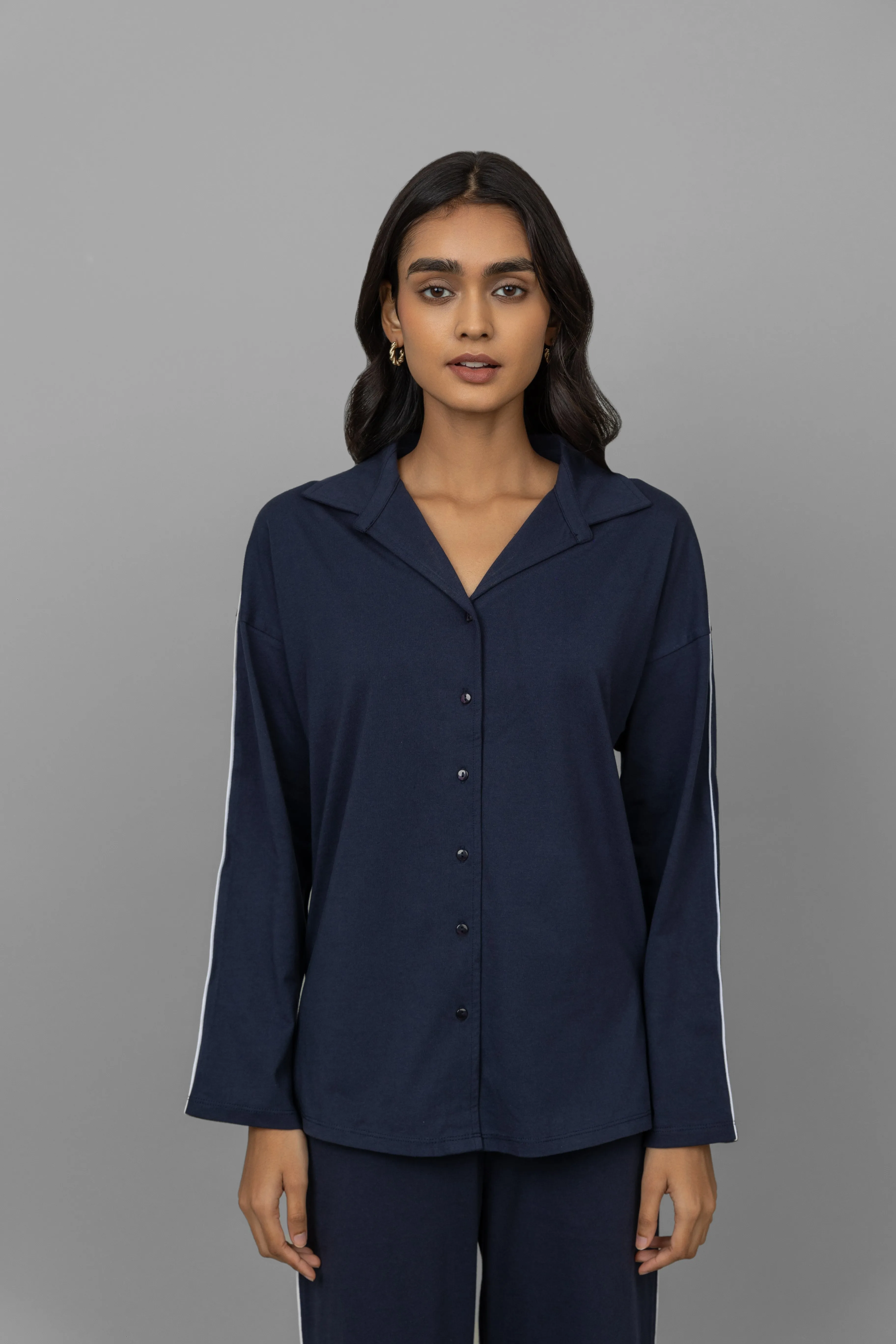 Navy Button down white piping pajama Set