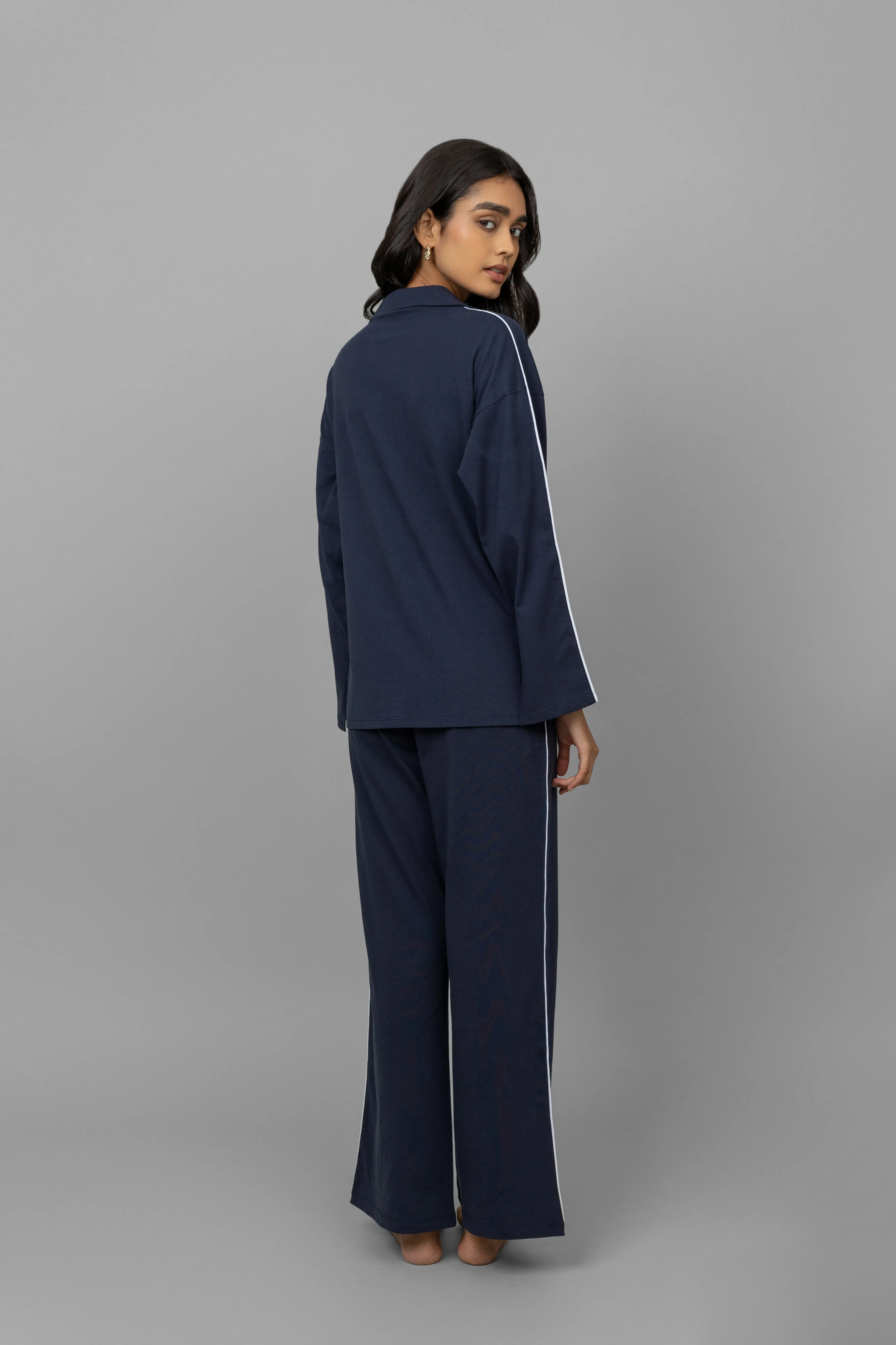 Navy Button down white piping pajama Set