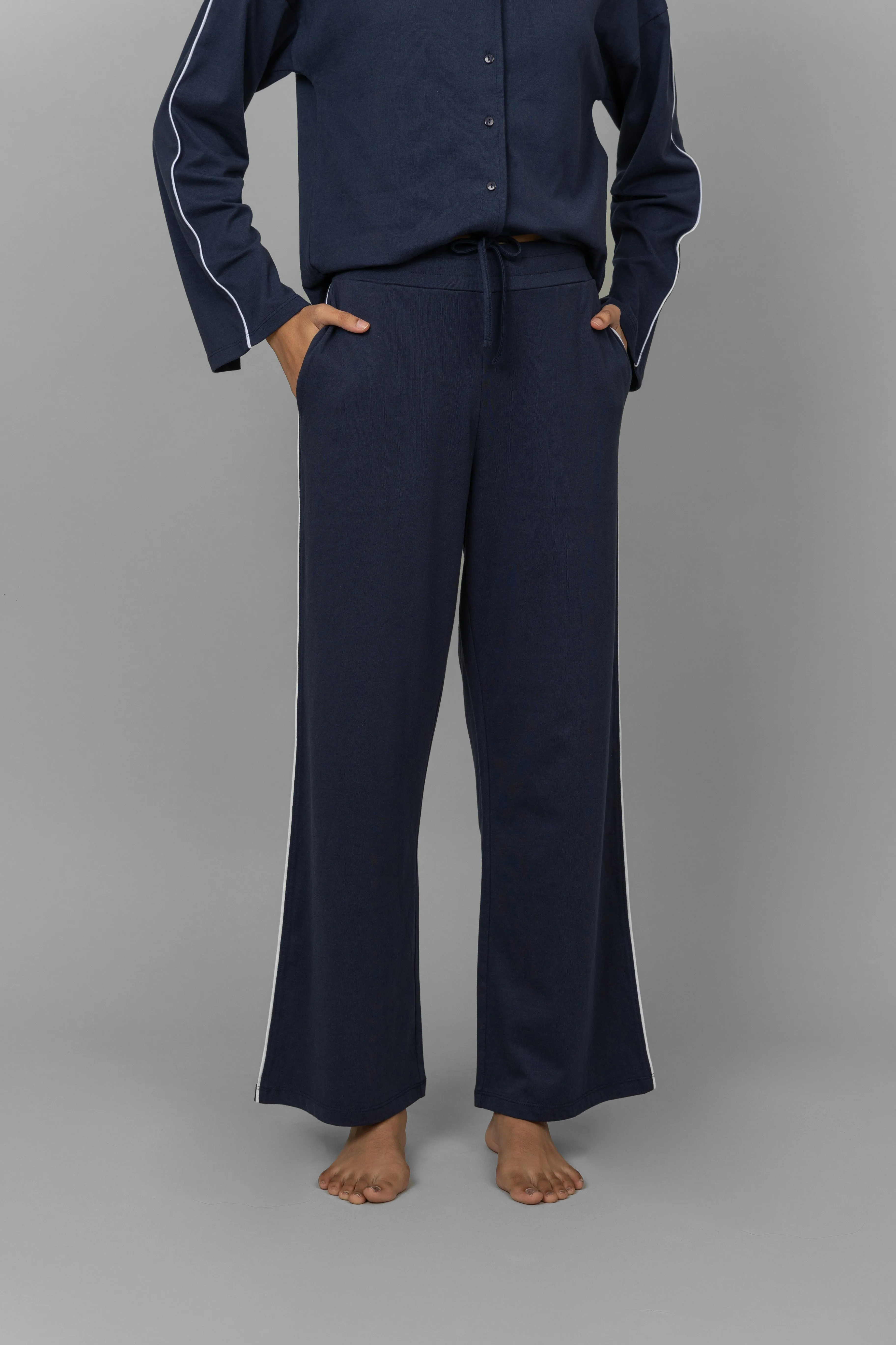 Navy Button down white piping pajama Set