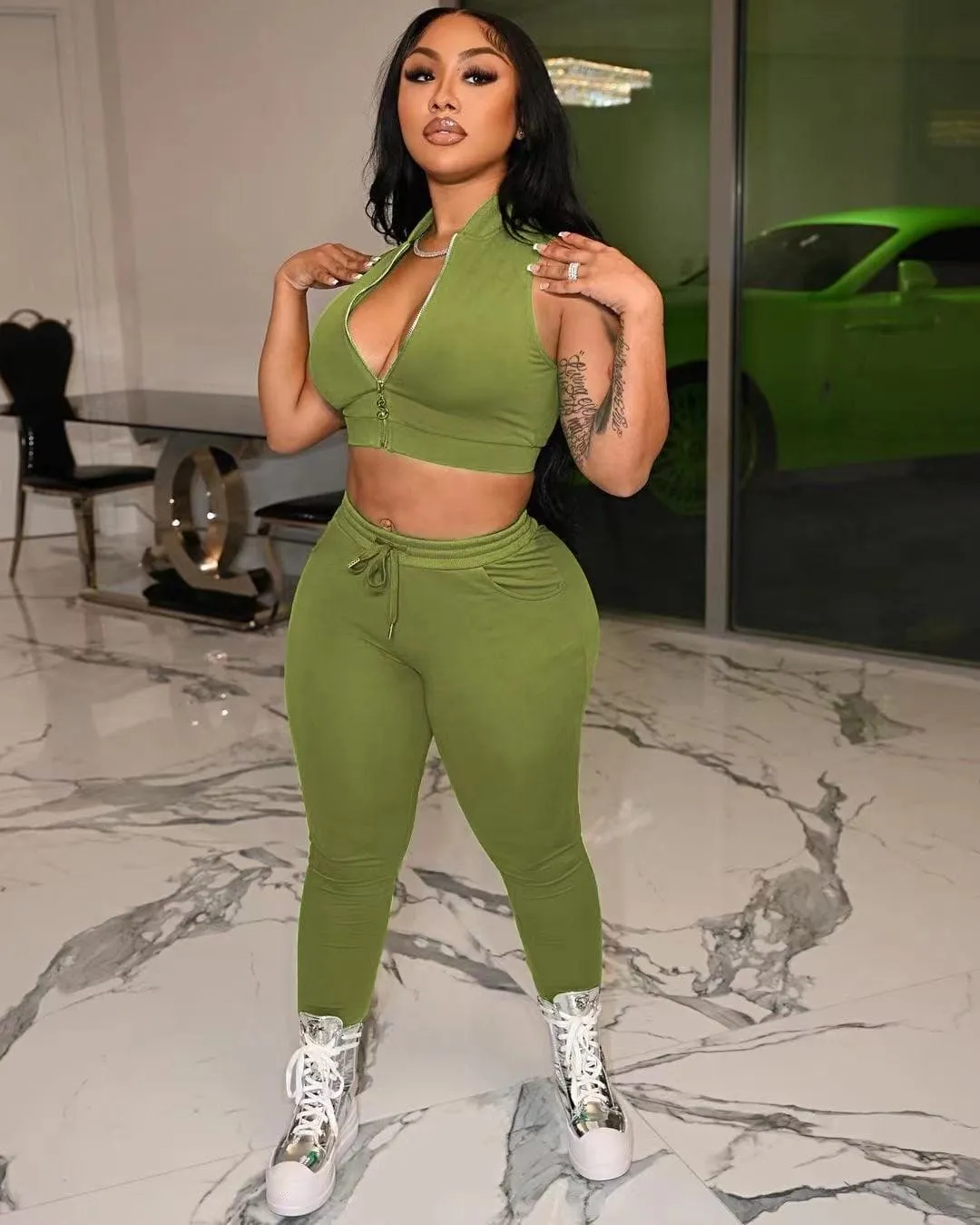 New Arrival Solid Color Casual Tracksuit Zippers sleeveless vest long Pant Two Piece Set Suit spring sweatsuits for women